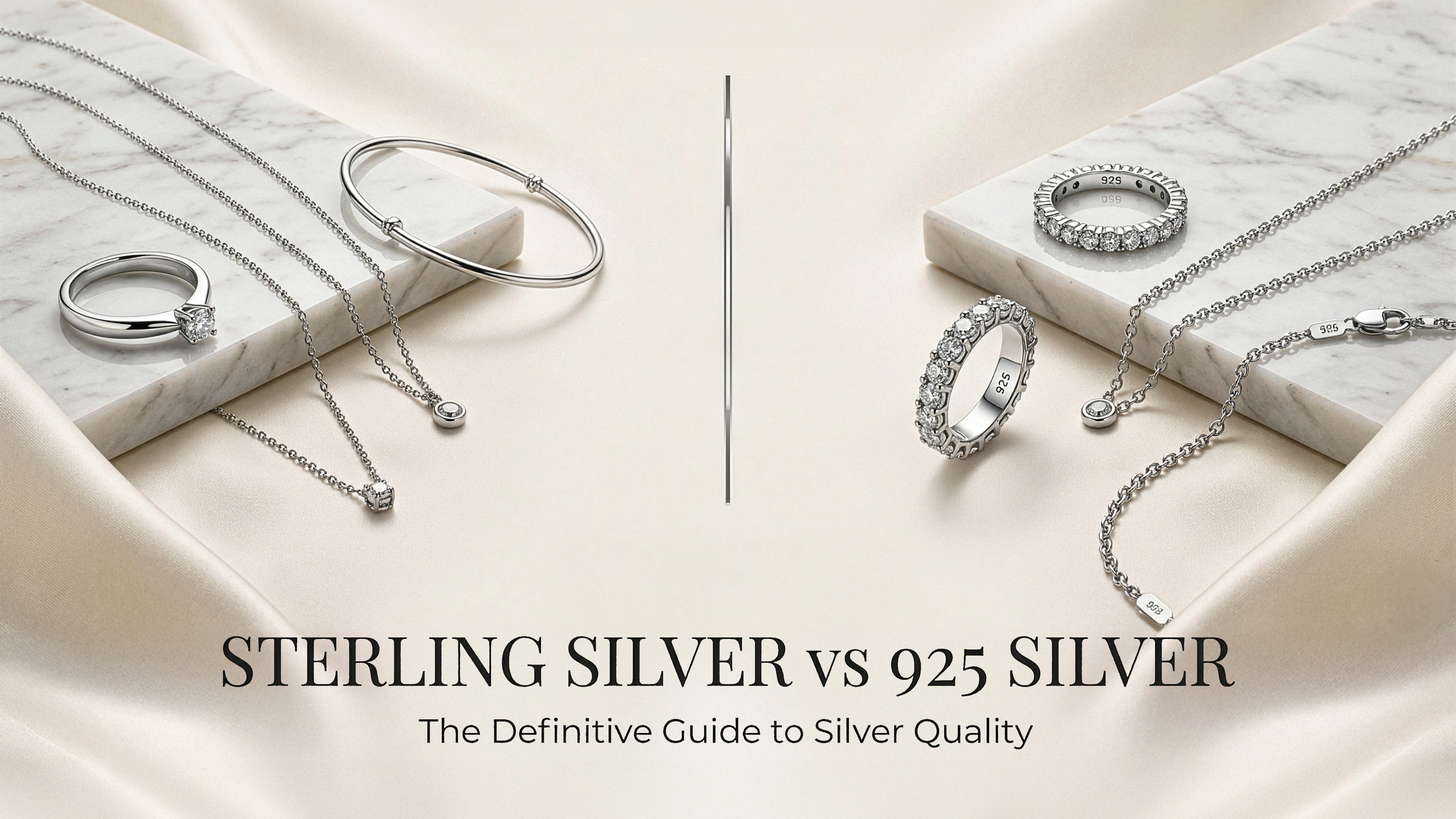 Side-by-side comparison of sterling silver and 925 silver jewellery including rings, bangles, and necklaces displayed on white marble blocks, with the title "Sterling Silver vs 925 Silver – The Definitive Guide to Silver Quality"