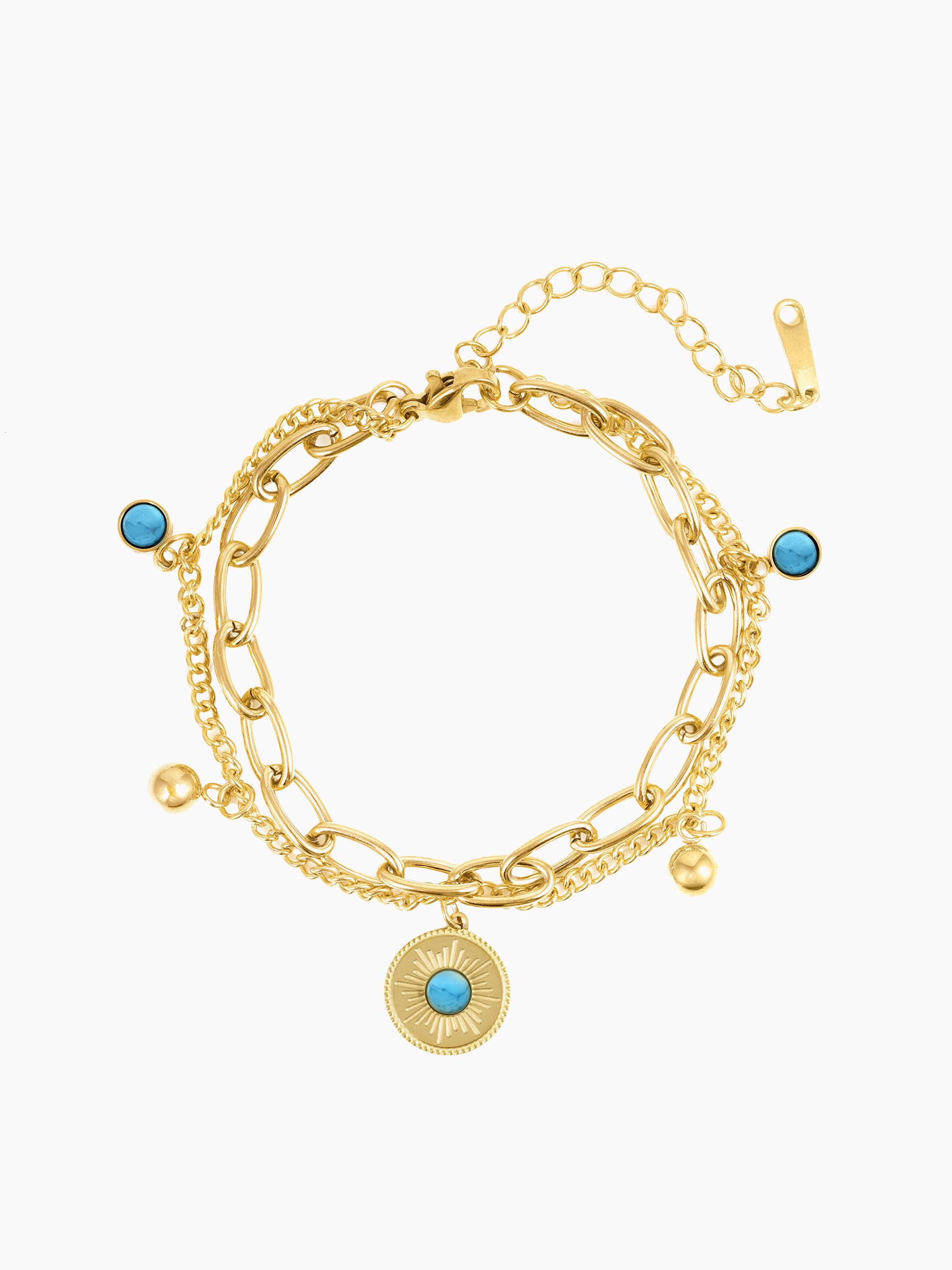 Aahana Layered Turquoise Eye Gold Beads Charms 18K Gold Plated Loose Chain Bracelet