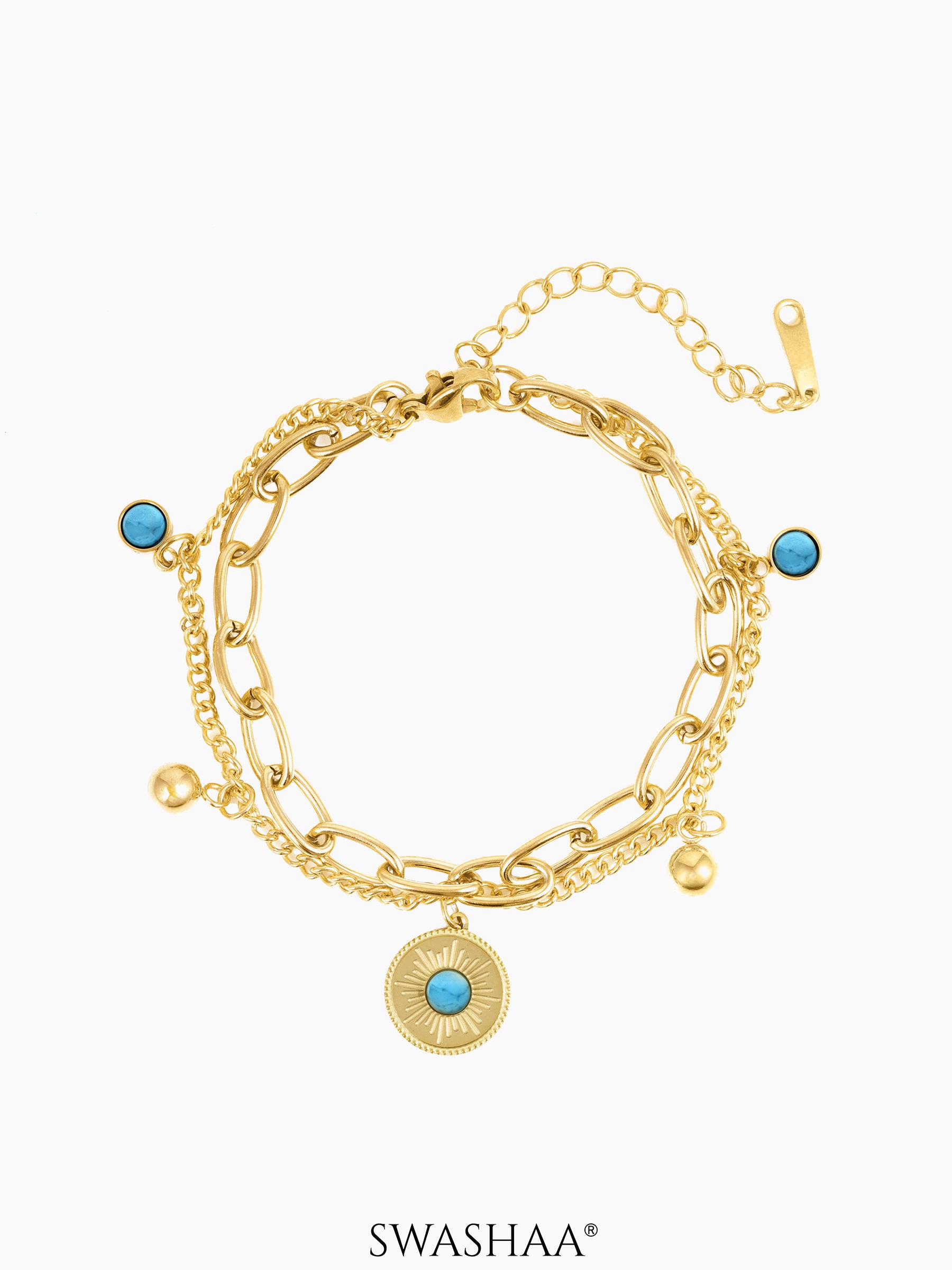 Aahana Layered Turquoise Eye Gold Beads Charms 18K Gold Plated Loose Chain Bracelet