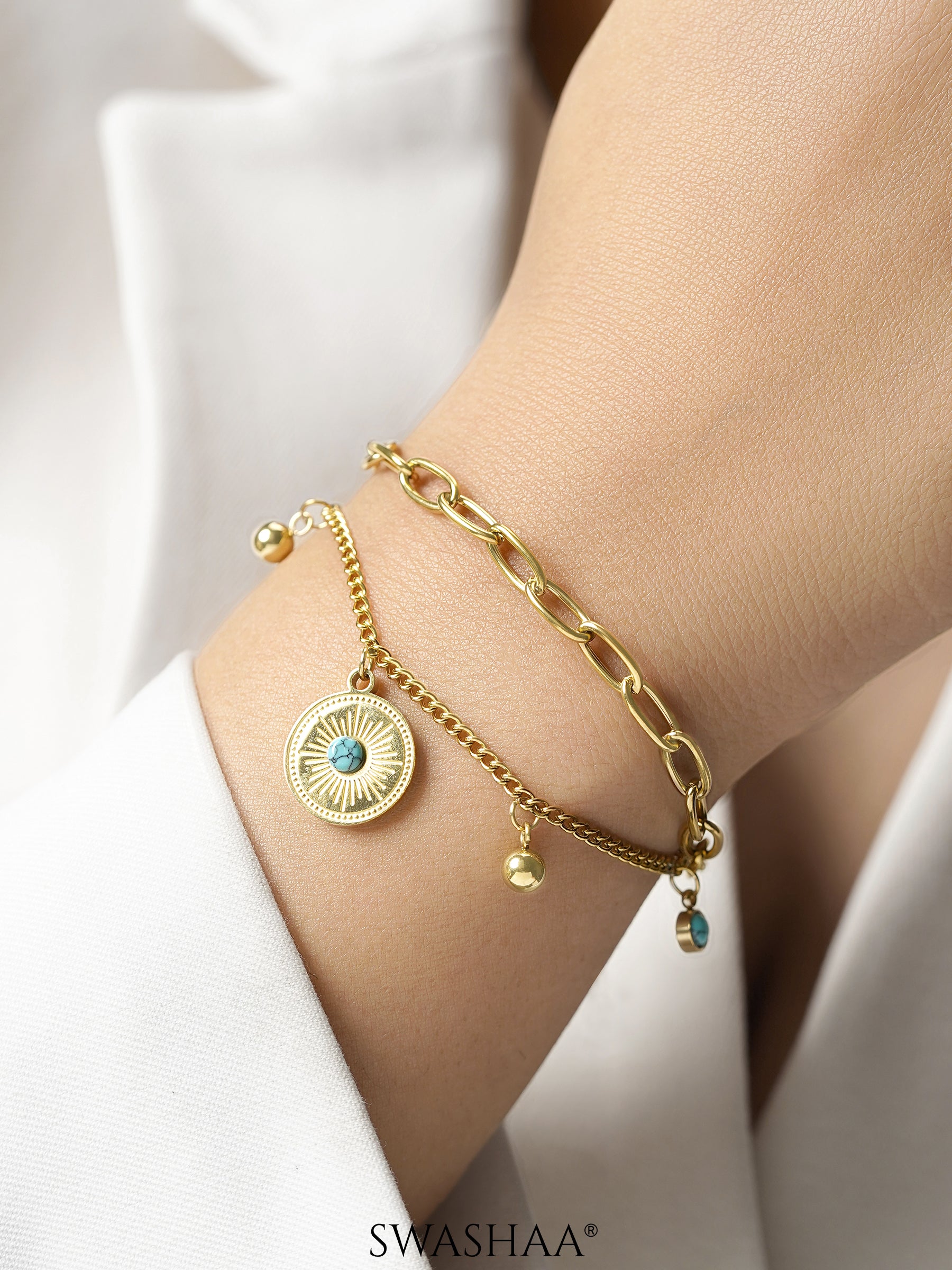 Aahana Layered Turquoise Eye Gold Beads Charms 18K Gold Plated Loose Chain Bracelet