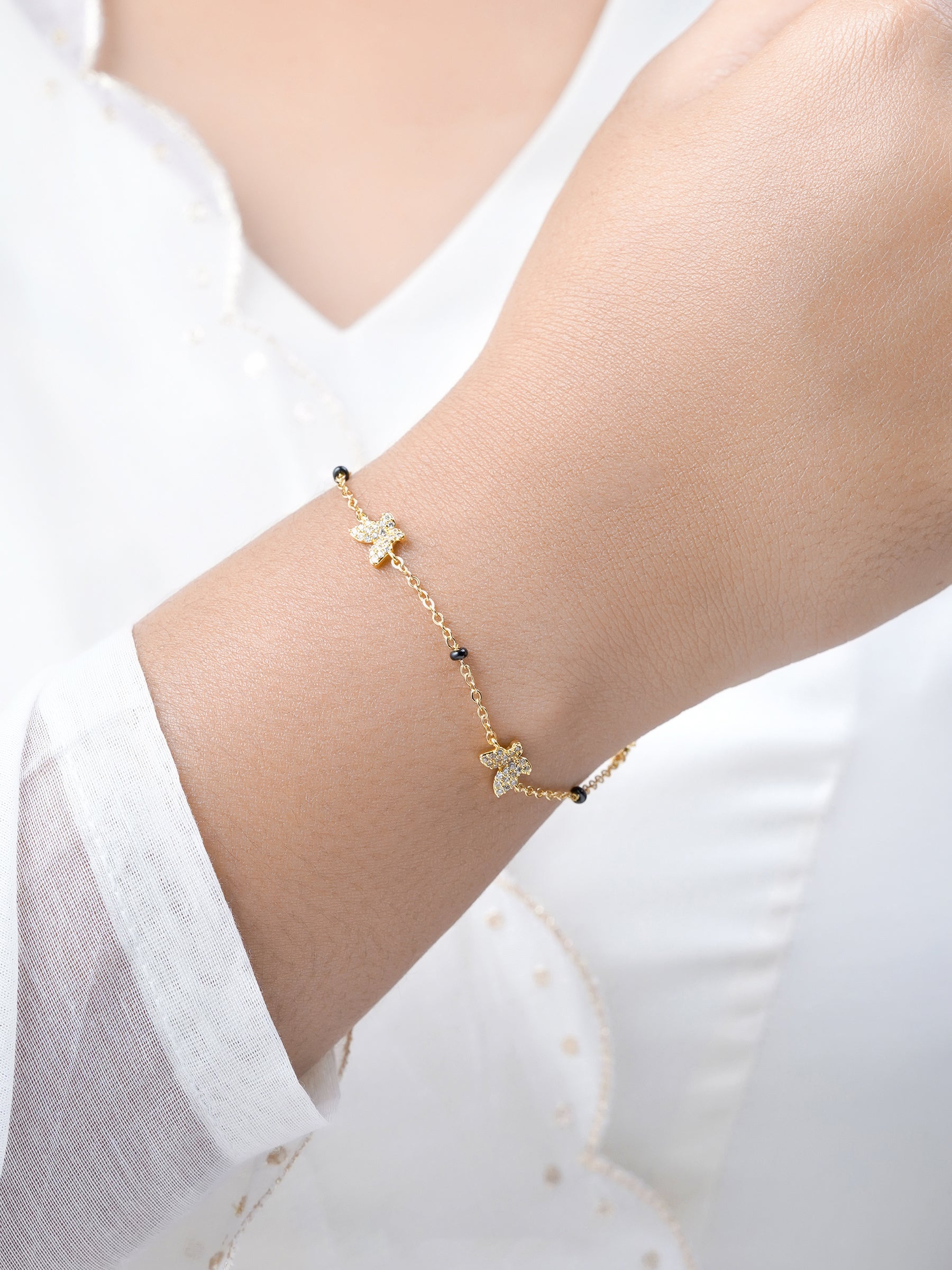 Aarini Butterfly Motifs Shimmering CZ Diamond 18K Gold Plated Mangalsutra Bracelet