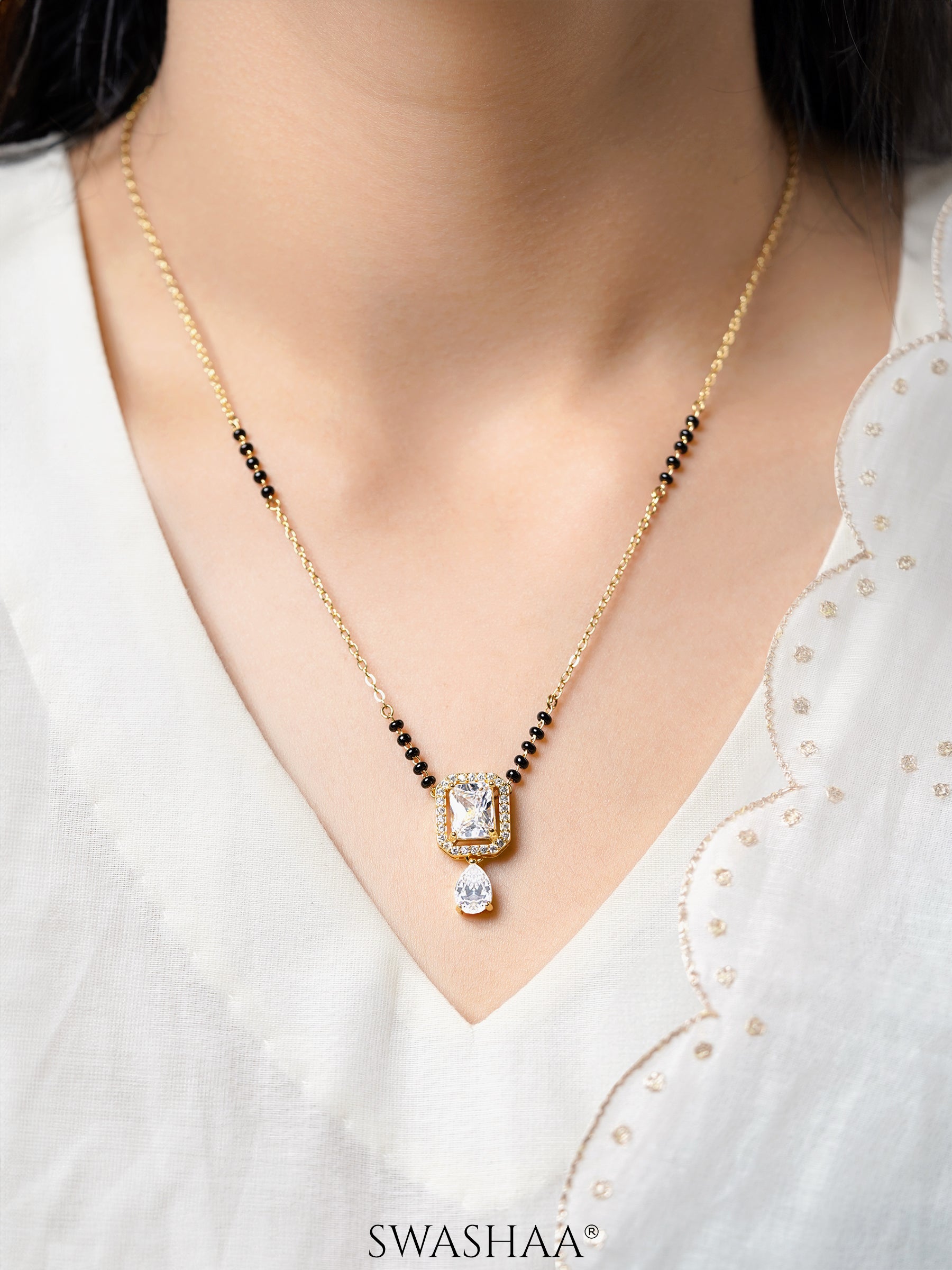 Aarvika Diamond Solitaire Pear Drop 18K Gold Plated Mangalsutra