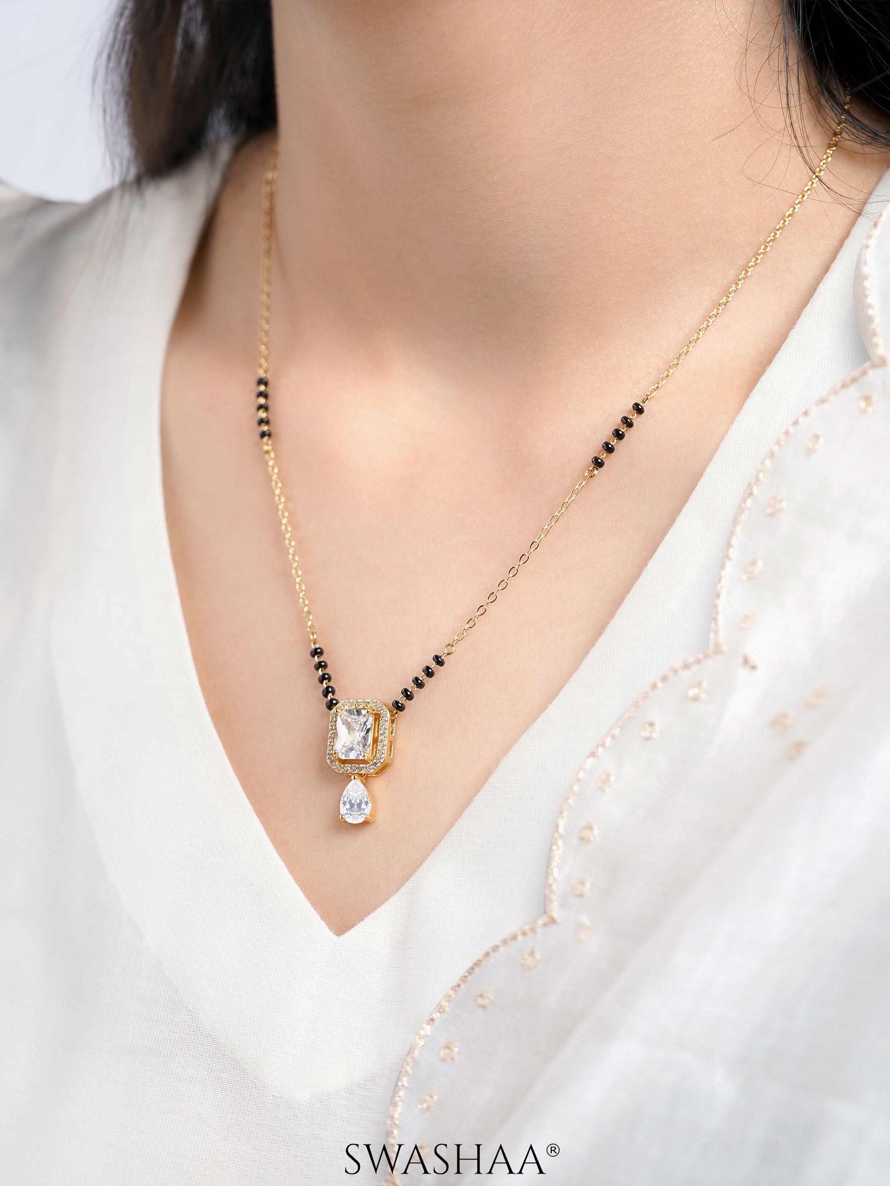 Aarvika Diamond Solitaire Pear Drop 18K Gold Plated Mangalsutra