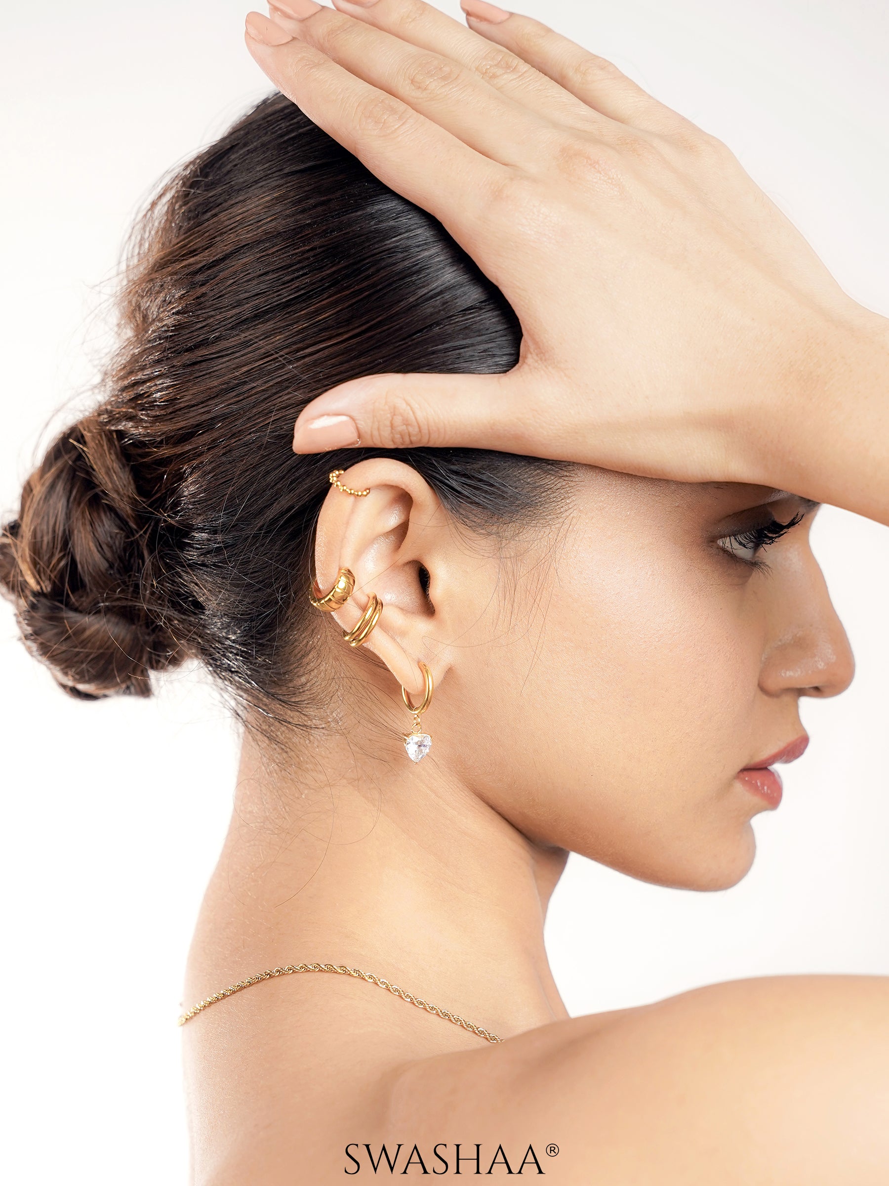 Abby Ribbed 18K Gold Plated Ear Cuffs, Cairo Beads 18K Gold Plated Ear Cuffs, Elan Twin Rounded Bands 18K Gold Plated Ear Cuffs, Vera Heart Solitaire 18K Gold Plated Drop Earrings