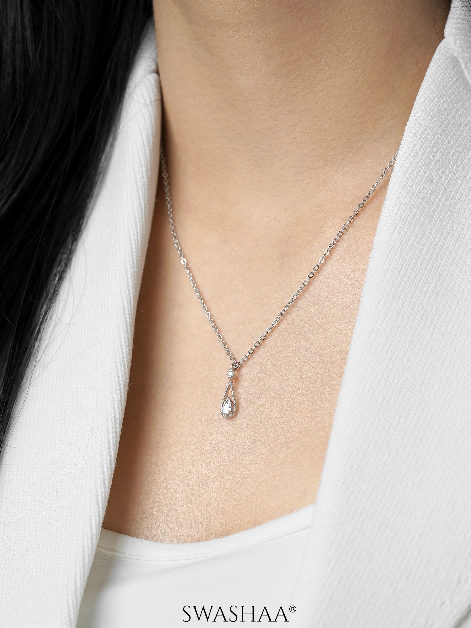 Abeera Teardrop Charm Silver Chain Necklace
