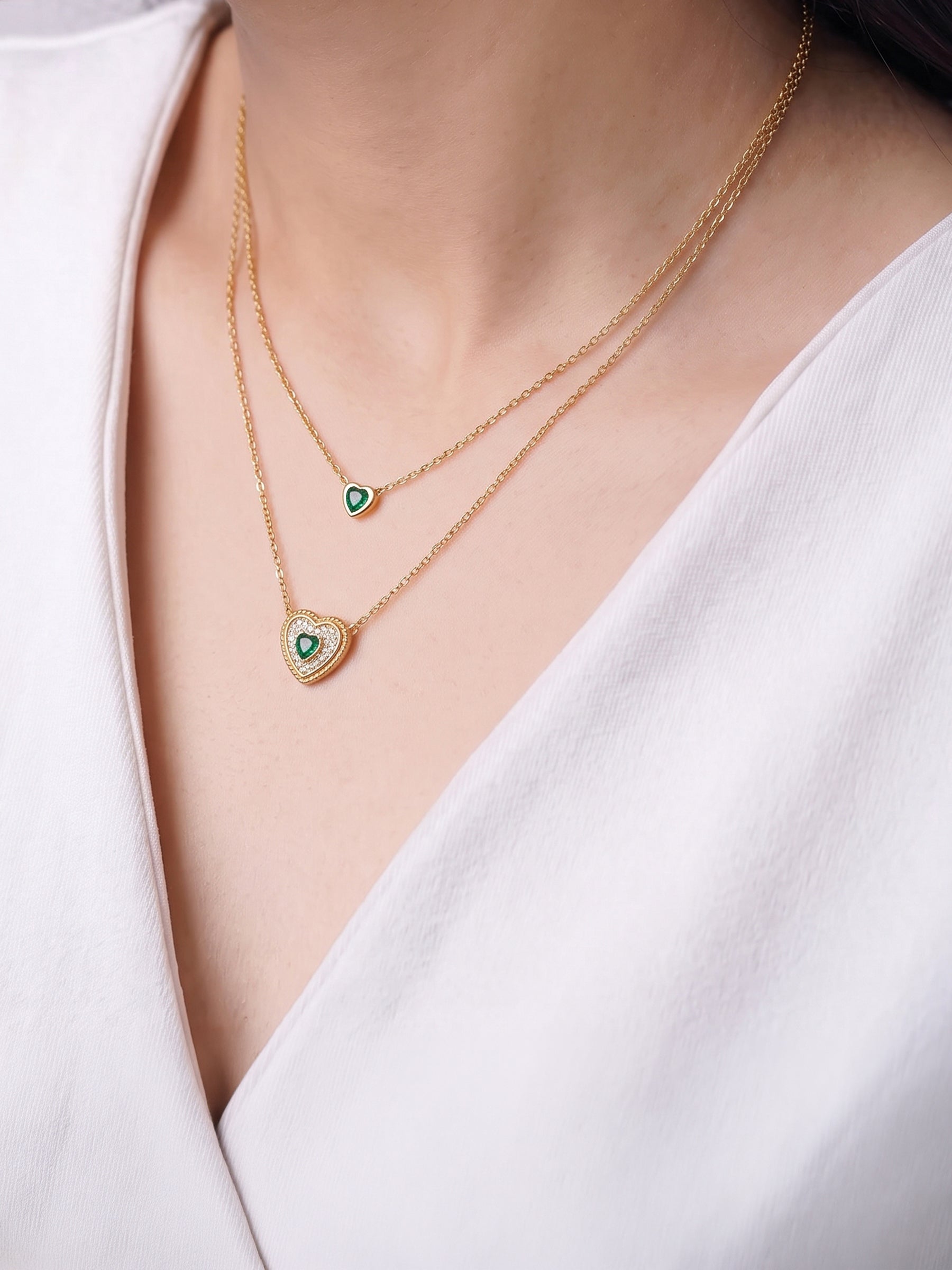 Adeline Heart Diamond Green Stone 18K Gold Plated Women's Layered Necklace
