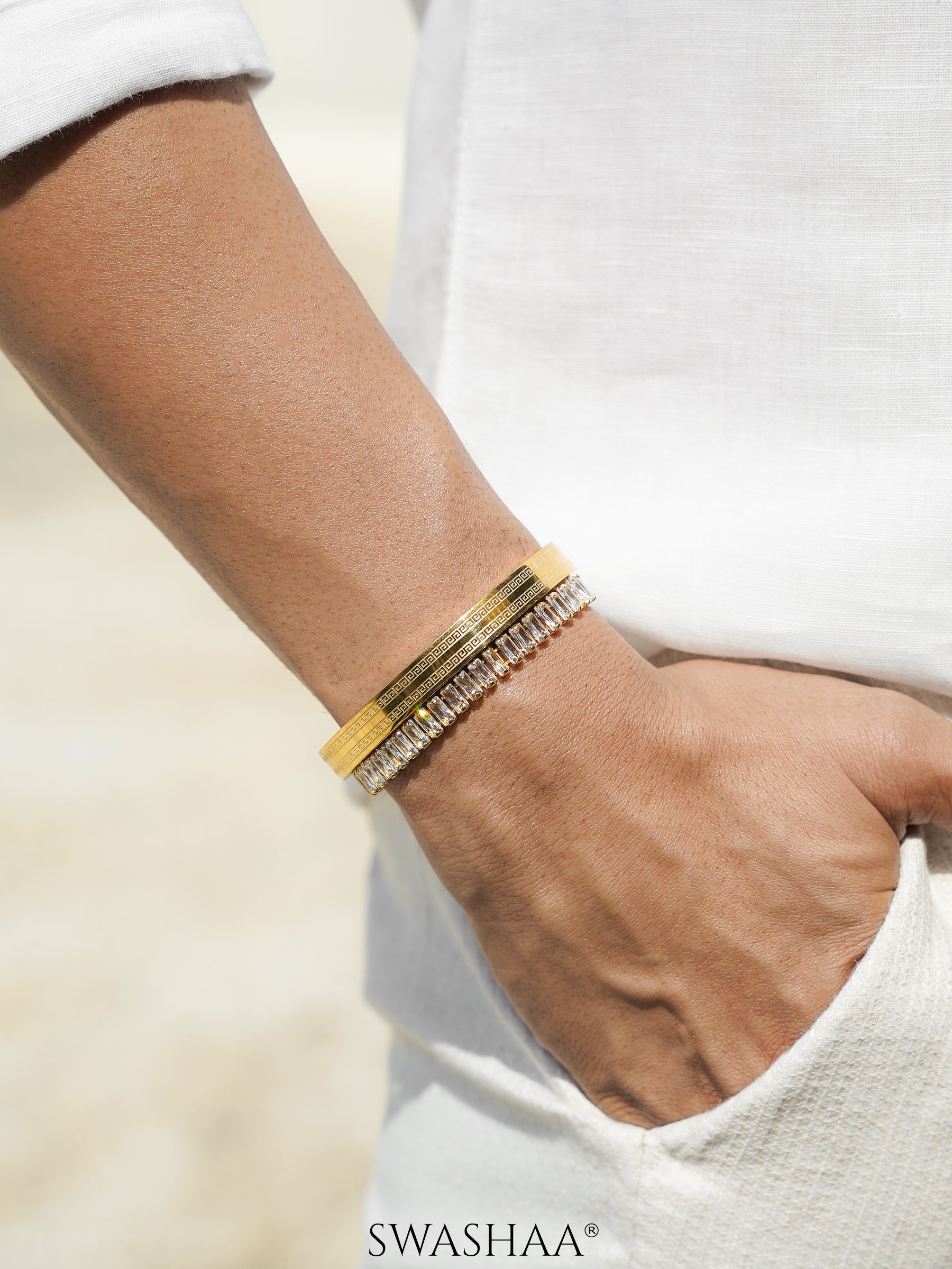 Adhik Diamond 18K Gold Plated Men's Bracelet, Miliano Engraved 18K Gold Plated Men's Kada