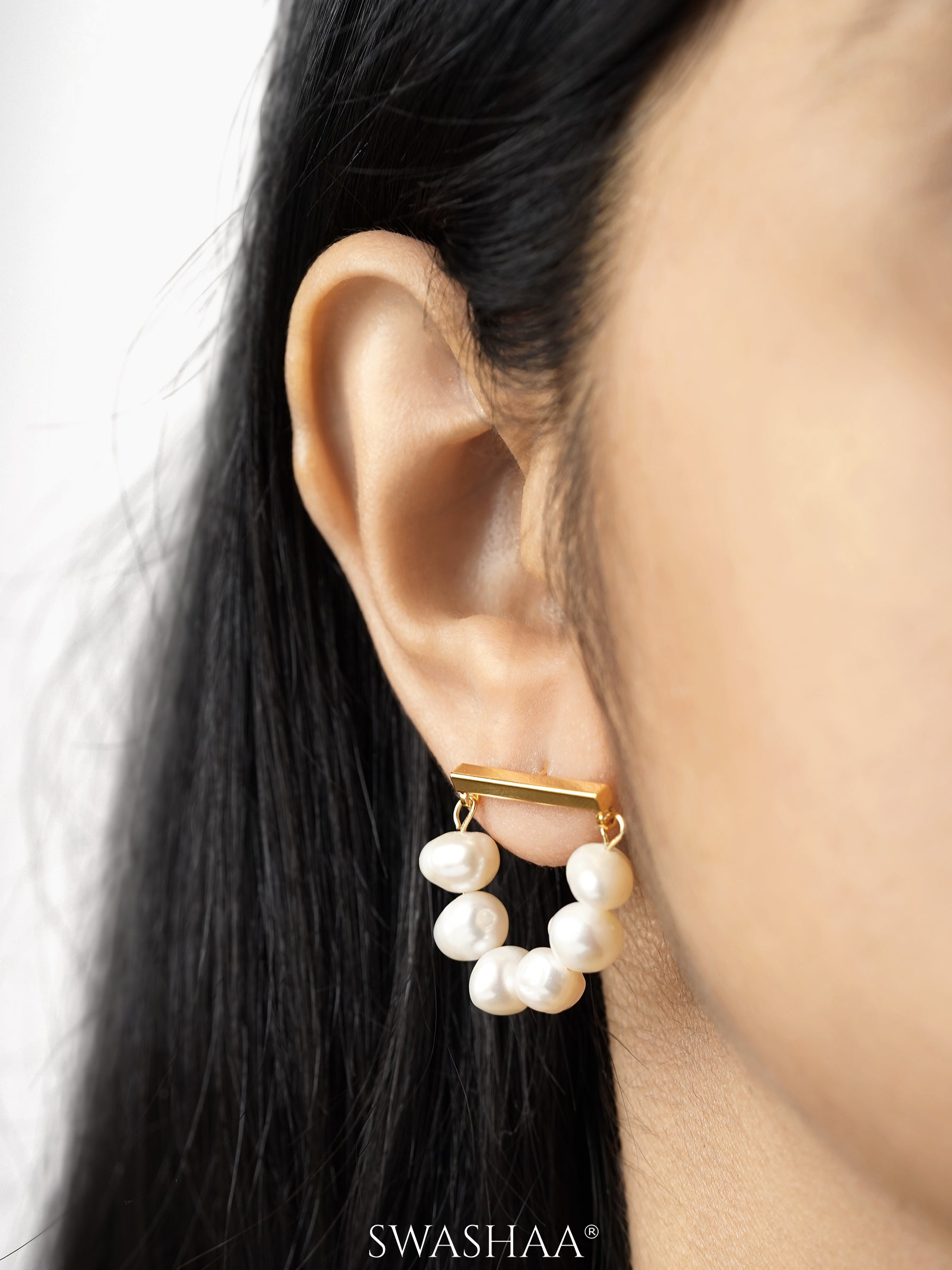 Akoya Pearl Hoops Gold Tone Bar 18K Gold Plated Earrings