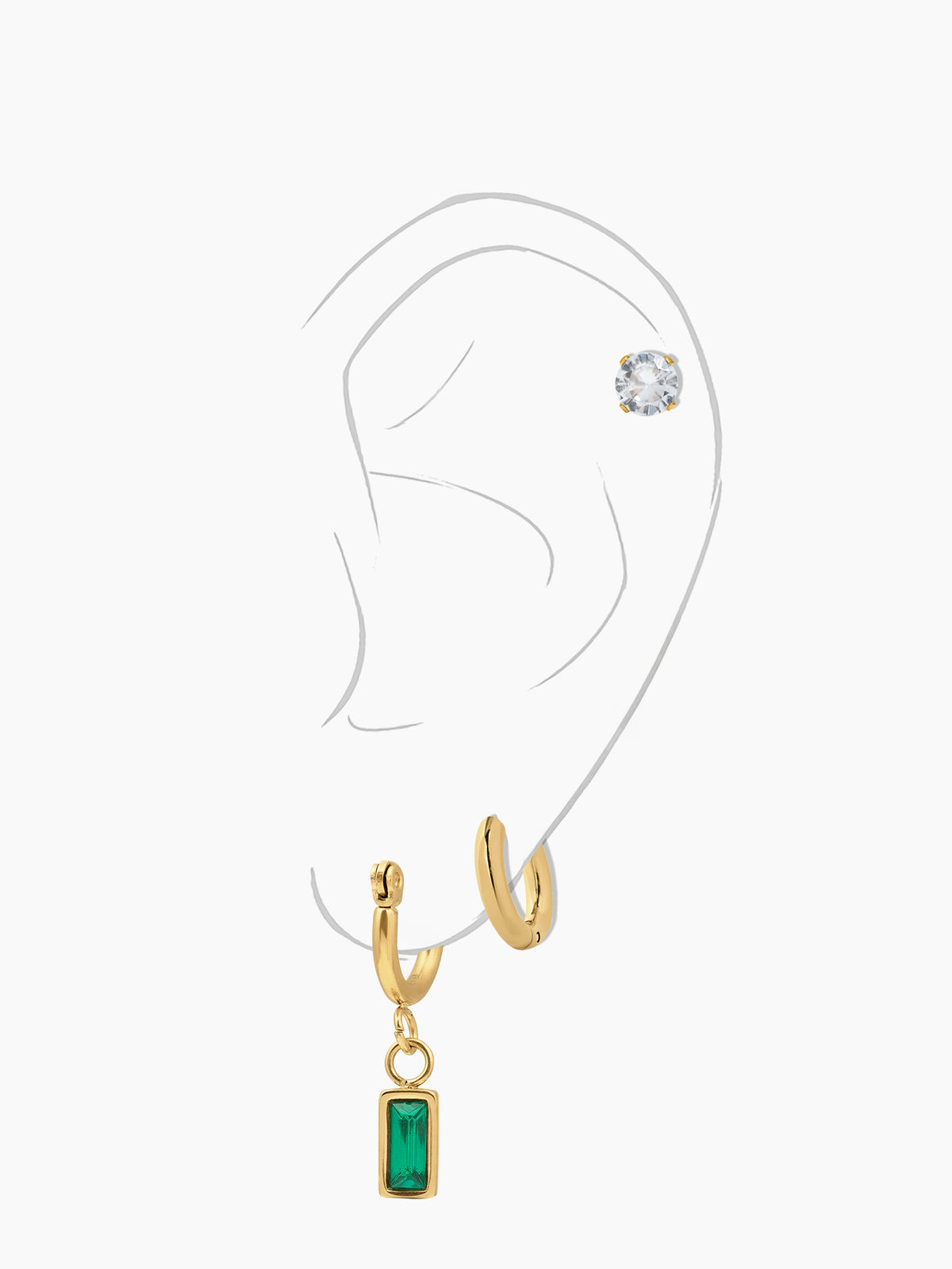 Alara Emerald Green Drop Charm Hoop 18K Gold Plated Women's Stud, Hoop Earrings Set
