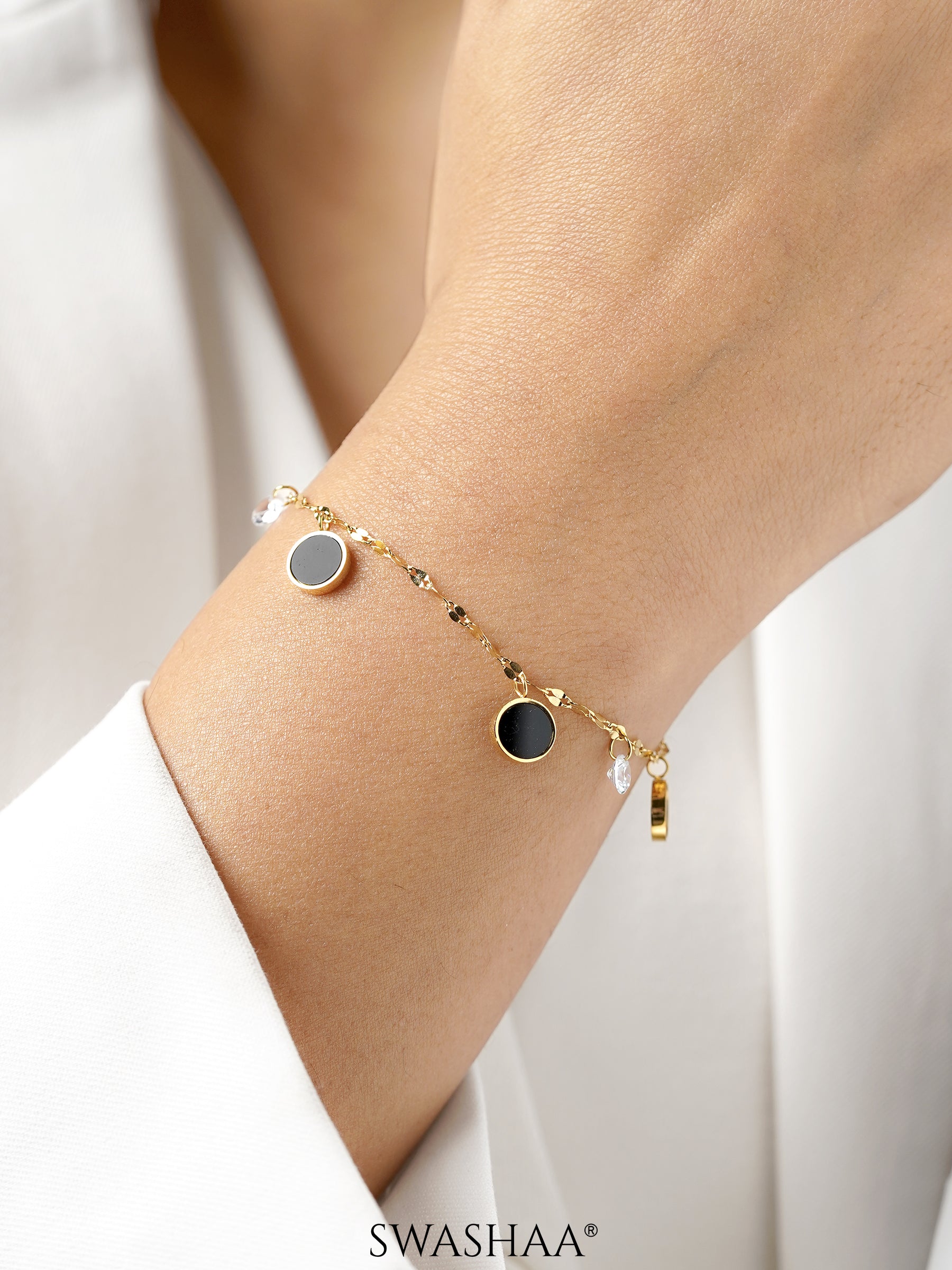 Alexis Black Enamel Charms Crystals 18K Gold Plated Women's Loose Bracelet