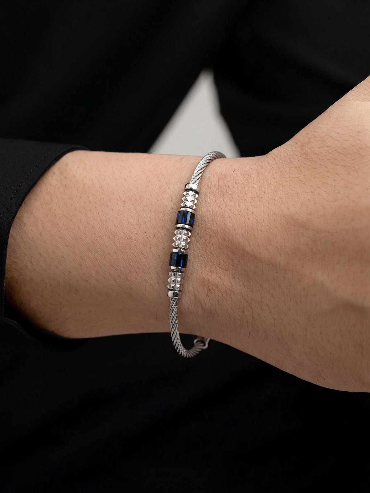 Alistair Silver Blue Bead Wired Men's Bracelet