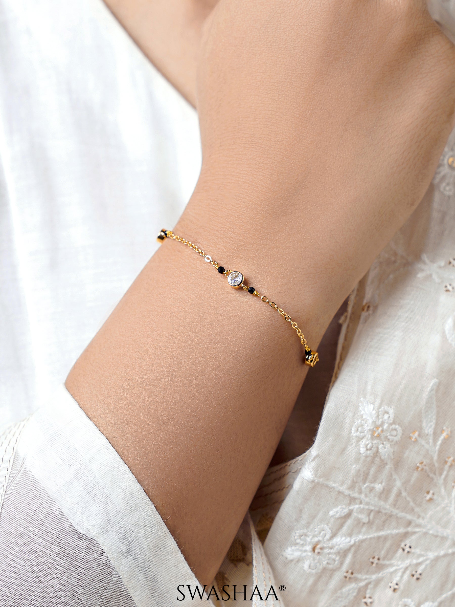 Amaira Diamond Studs Black Beads Mangalsutra Bracelet