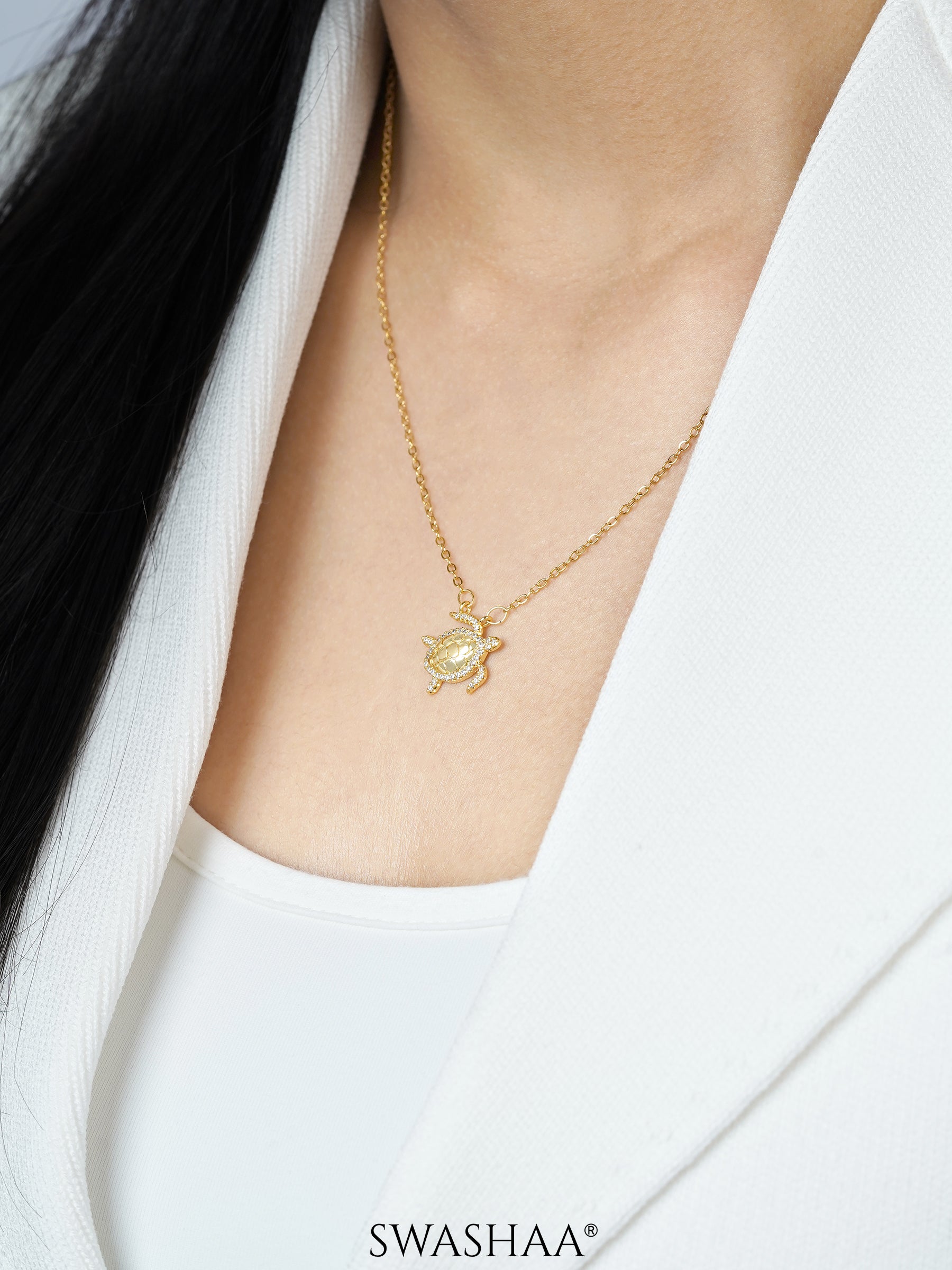 Amara Turtle Charm Shell Of Serenity Studded 18K Gold Plated Chain Pendant Necklace