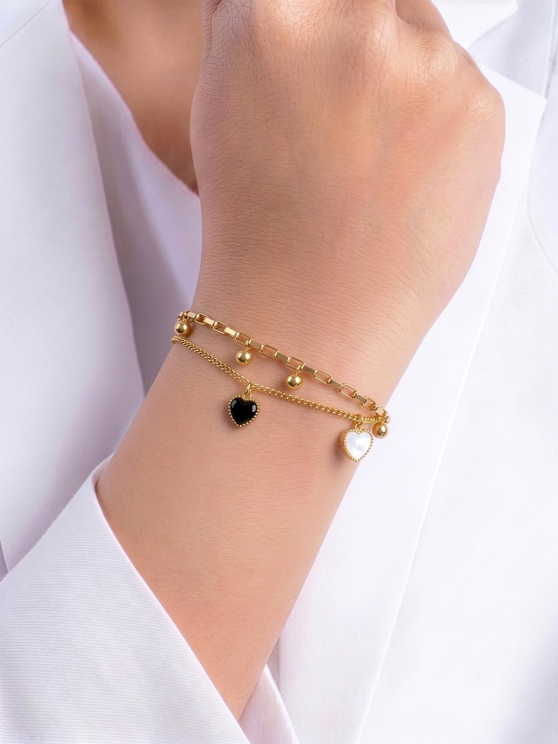 Amarisa Black Heart, Gold Bead Charms, Link Chain 18K Gold Plated Women's Layered Chain Bracelet