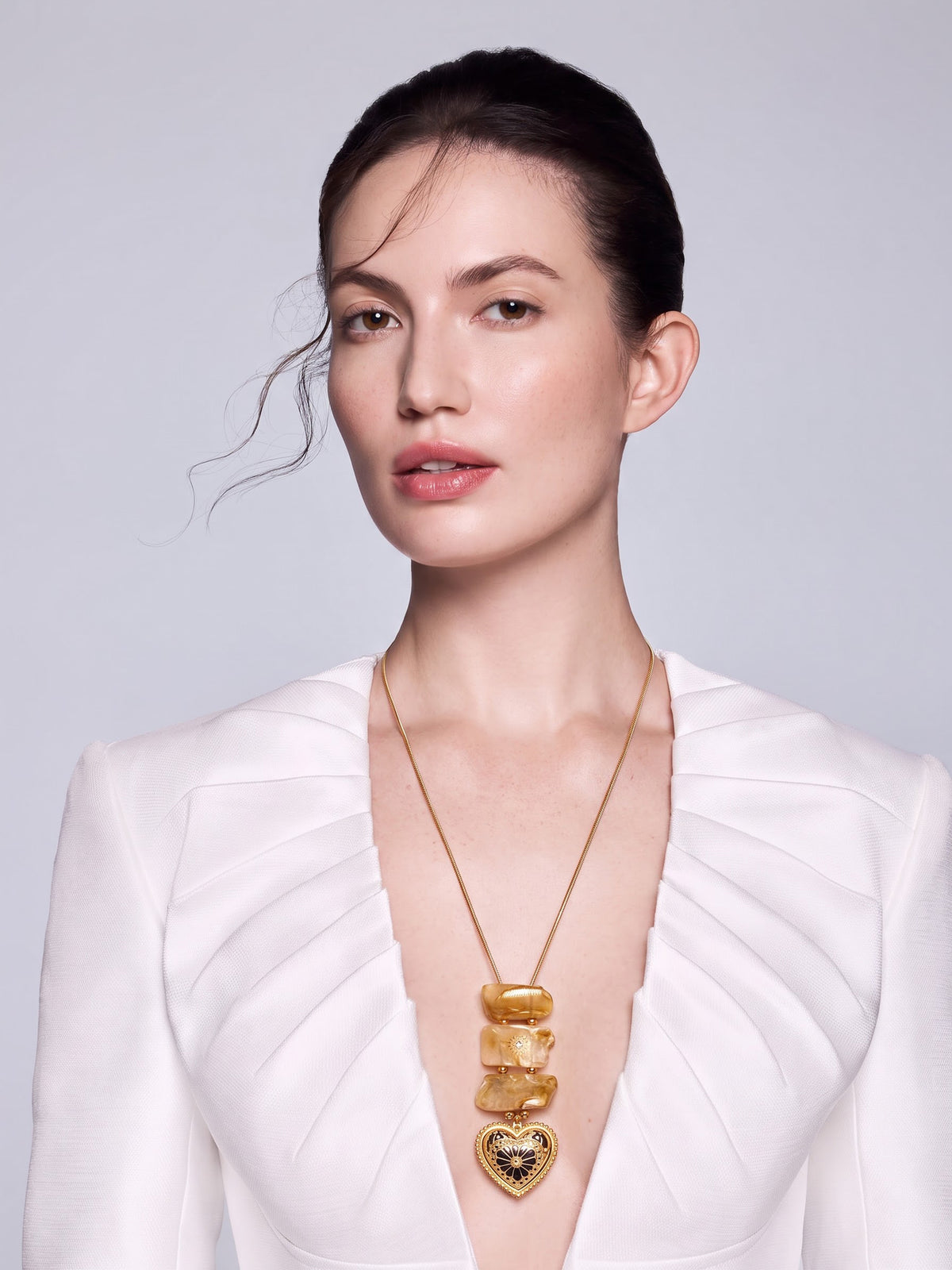 Amossha Heart Natural Stone 18K Gold Plated Women's Chain Pendant Necklace