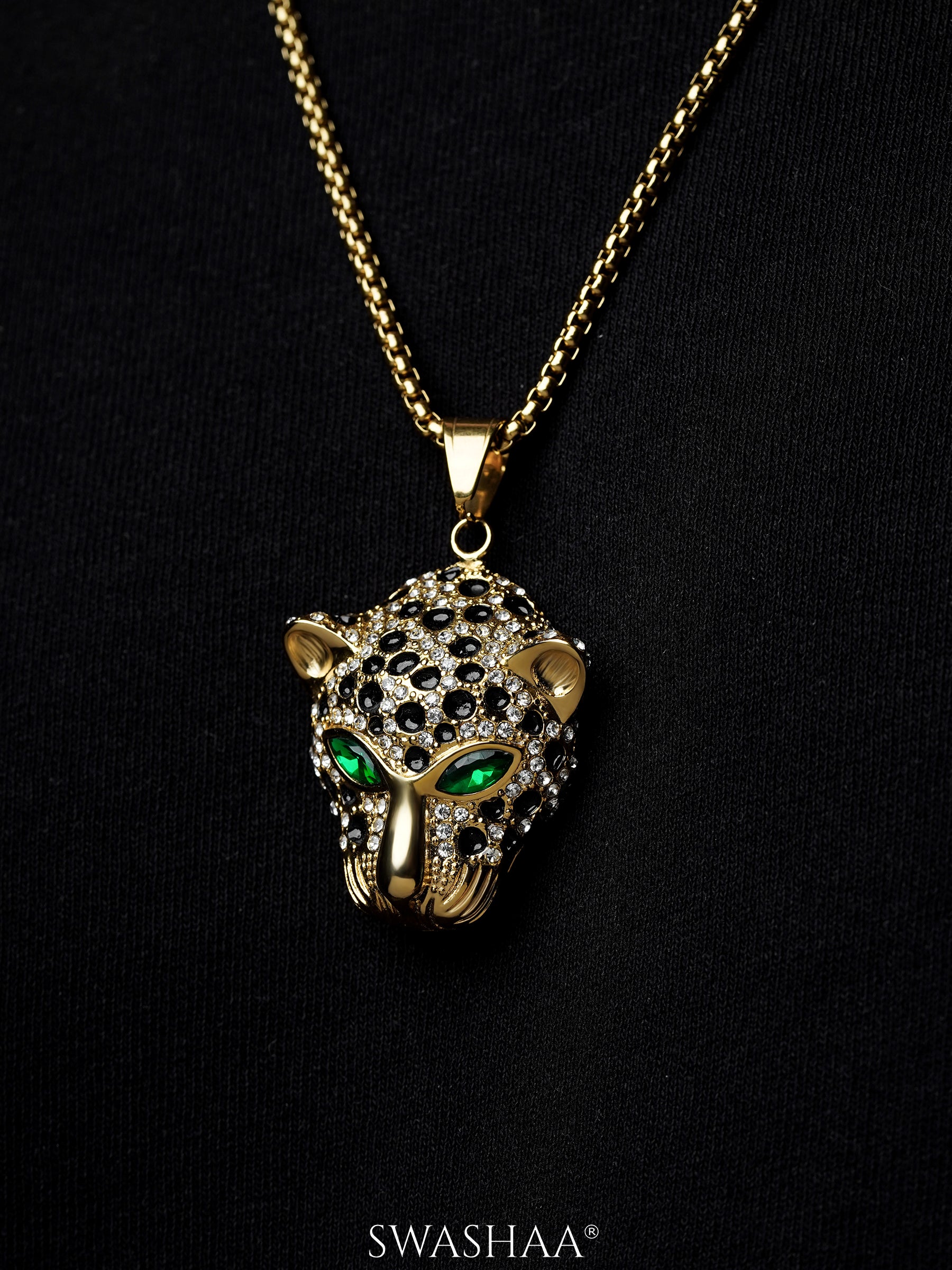 Amur Panther Head Black White Stones Vivid Green Eye 18K Gold Plated Men's Chain Small Pendant