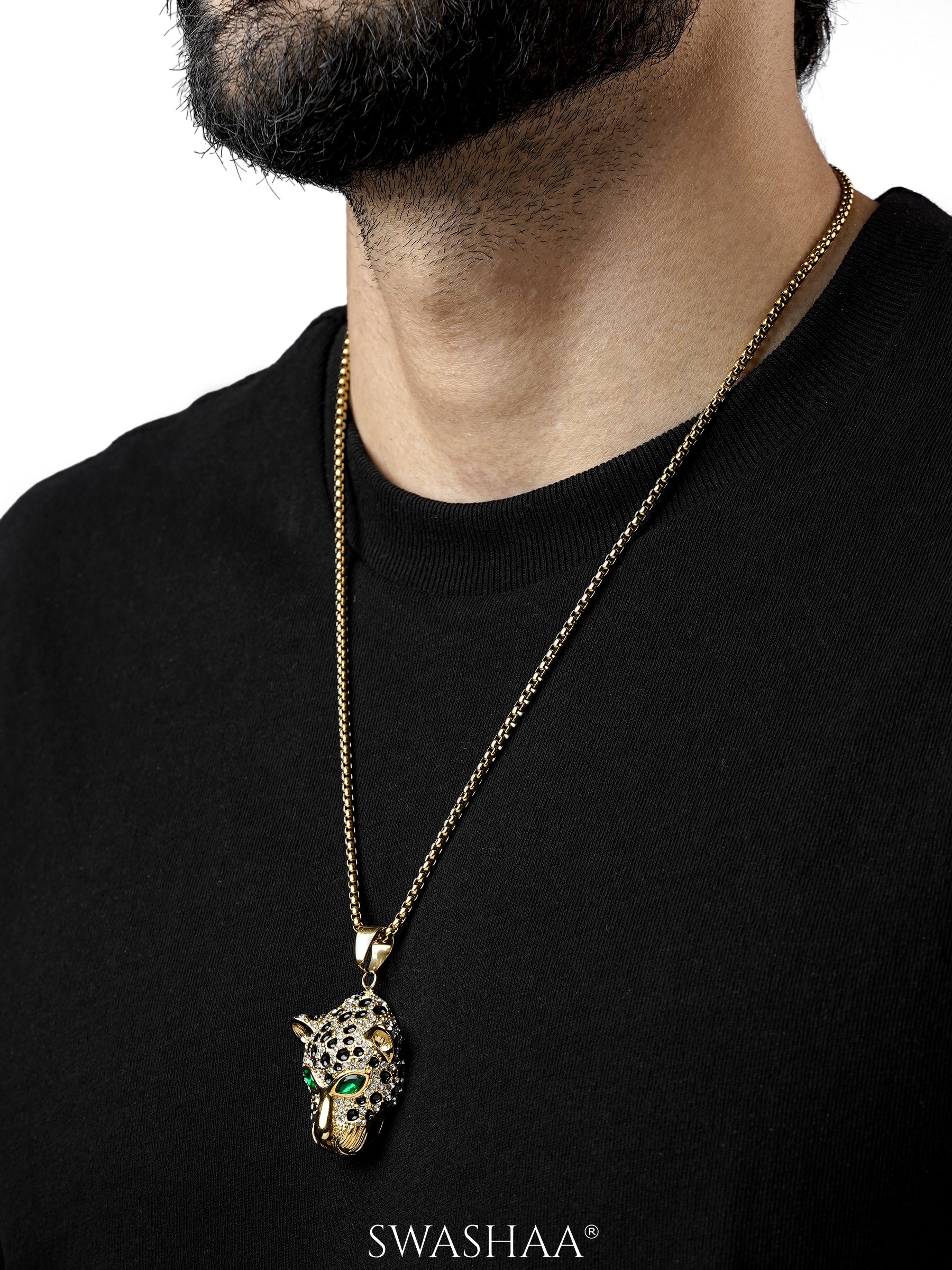 Amur Panther Head Black White Stones Vivid Green Eye 18K Gold Plated Men's Chain Small Pendant