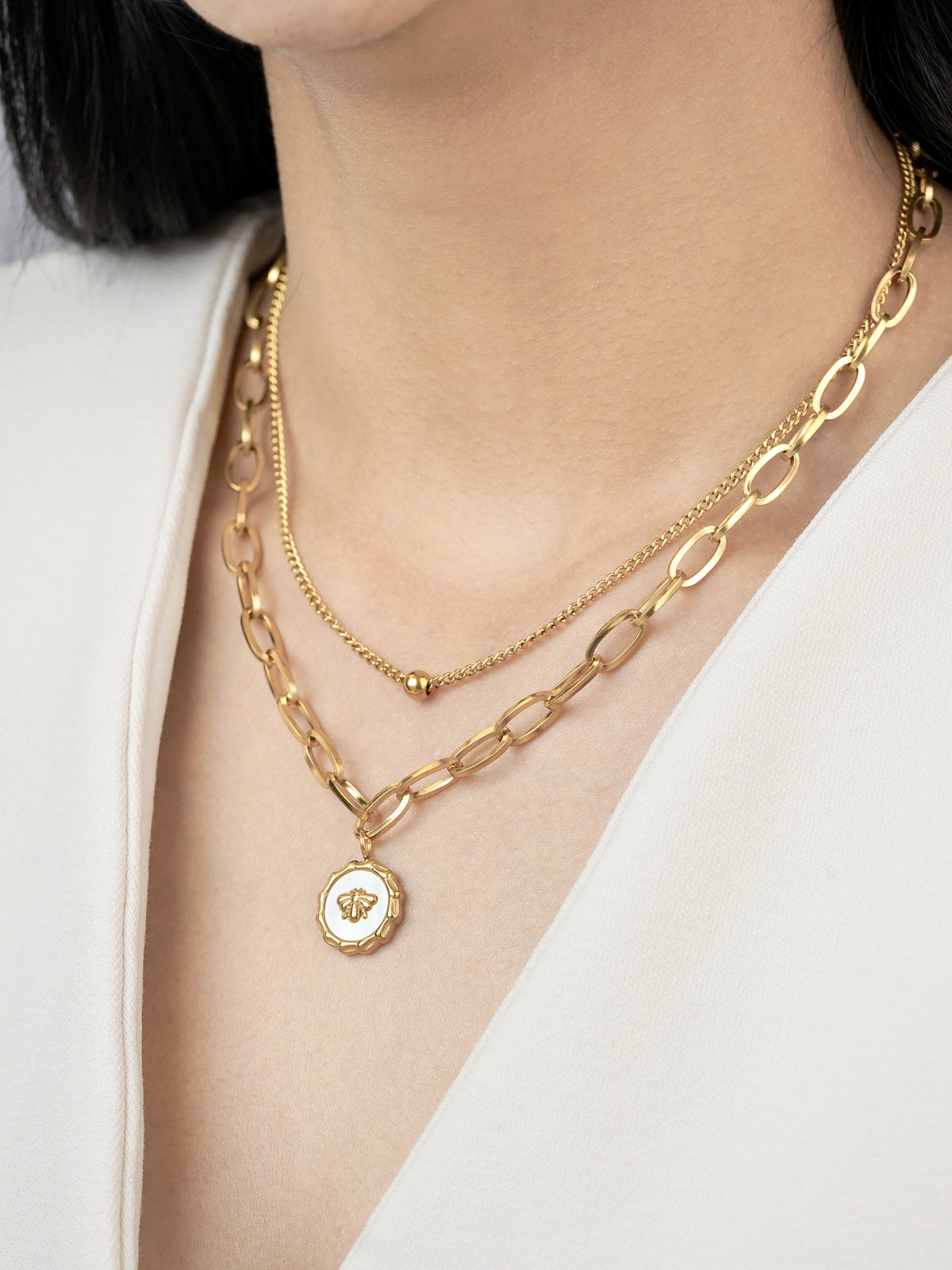 Ana 18K Gold Plated Bee Charm Layered Chain Pendant Necklace