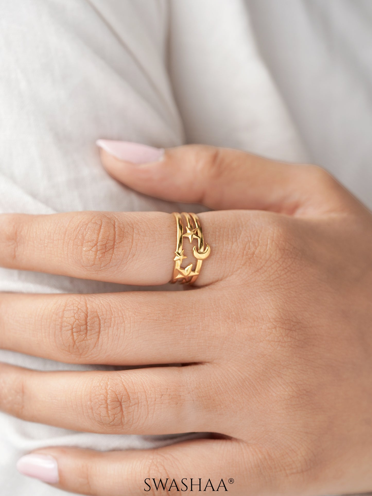 Anahi Moon Star Motif 18K Gold Plated Ring