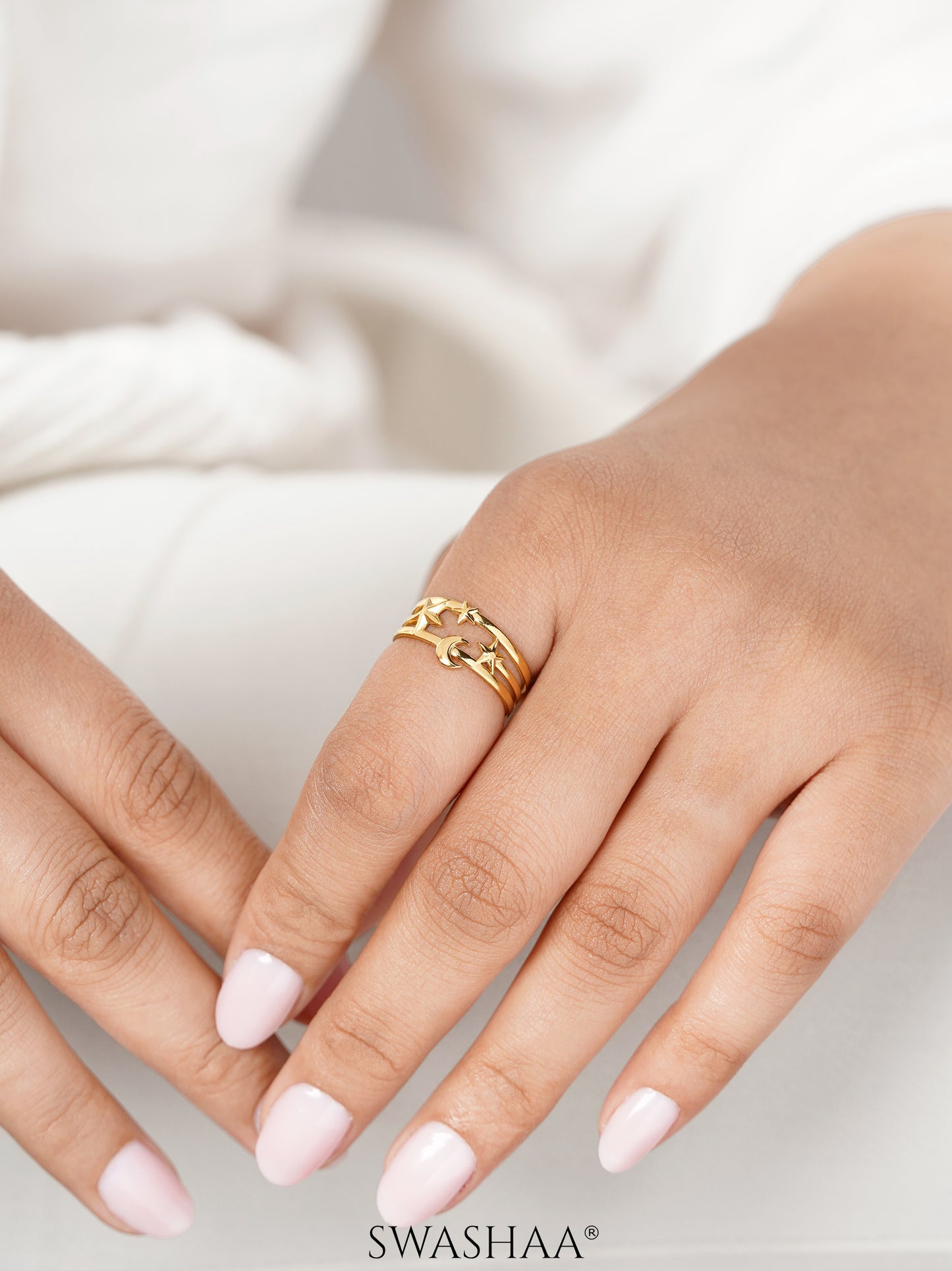 Anahi Moon Star Motif 18K Gold Plated Ring