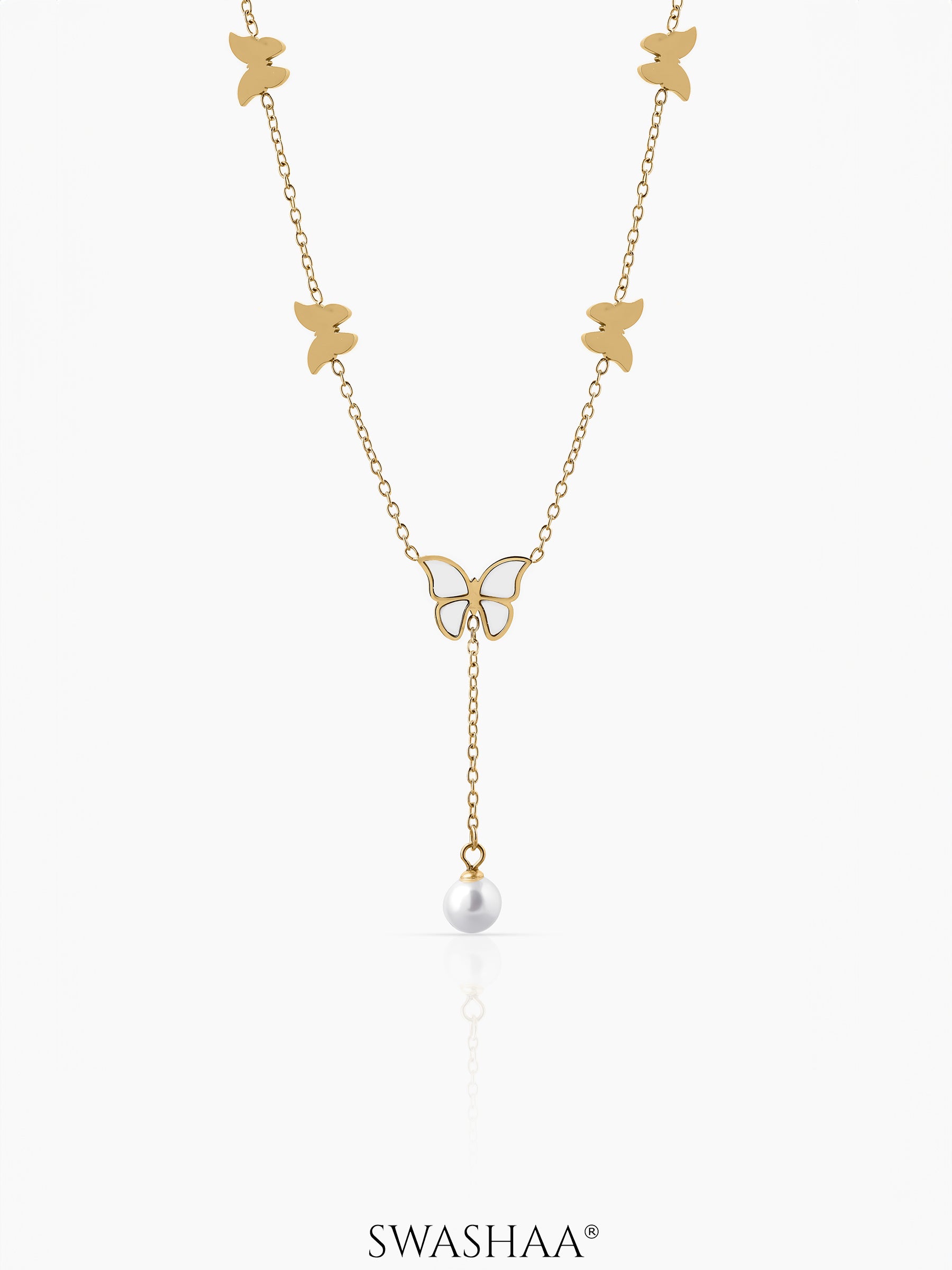 Anira Pearl Butterfly Charm Chain Pendant Necklace
