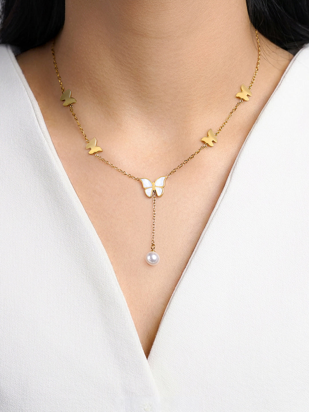 Anira Pearl Butterfly Charm 18K Gold Plated Chain Pendant Necklace