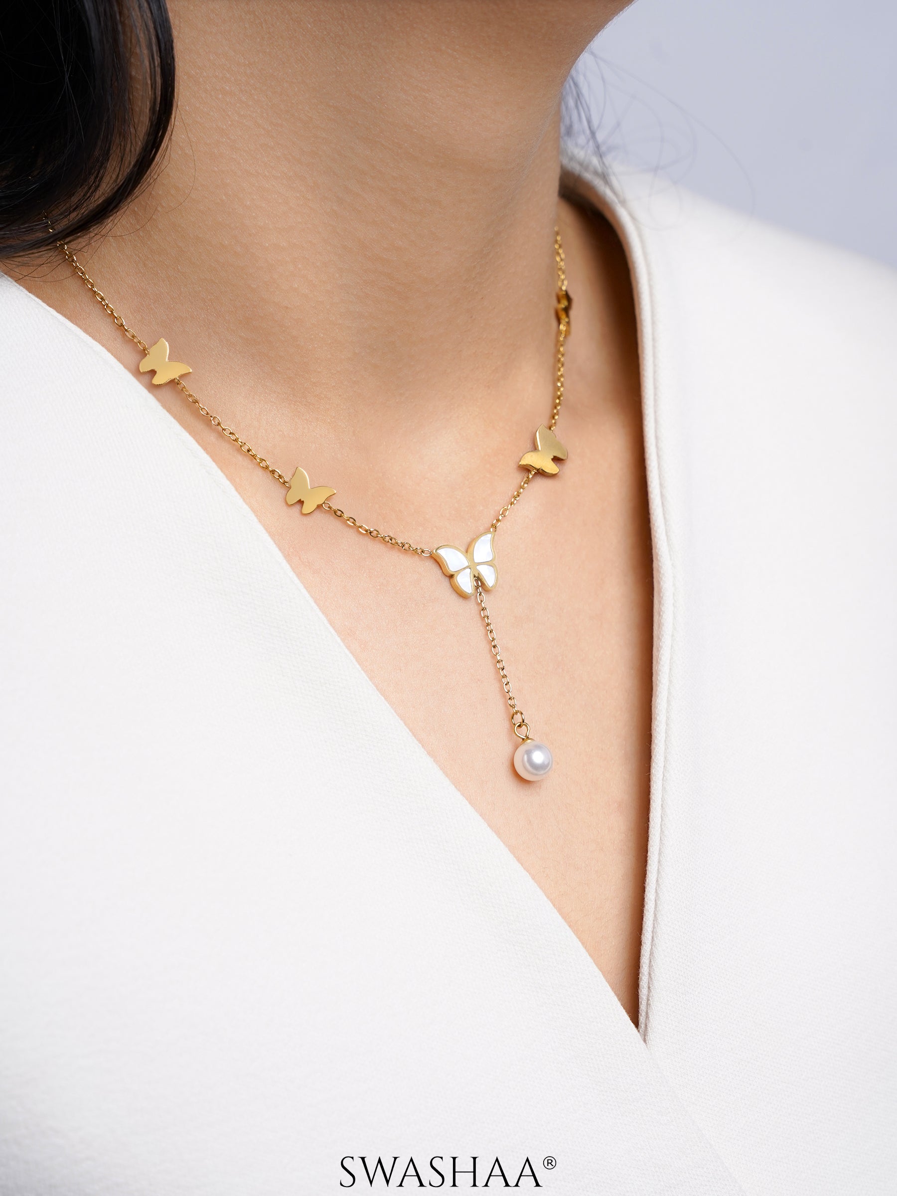 Anira Pearl Butterfly Charm 18K Gold Plated Chain Pendant Necklace