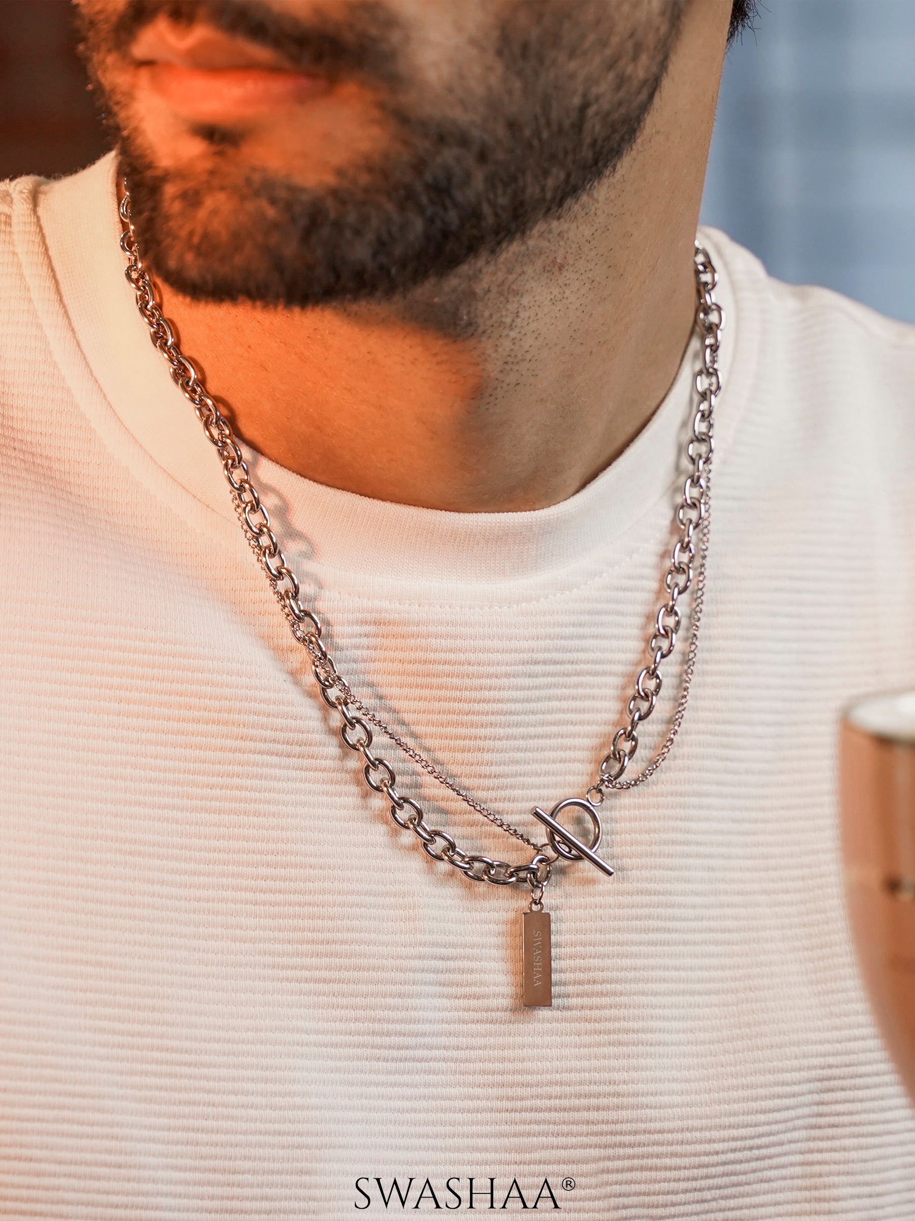 Anton Dual Layered Bar Pendat Silver Men's Chain