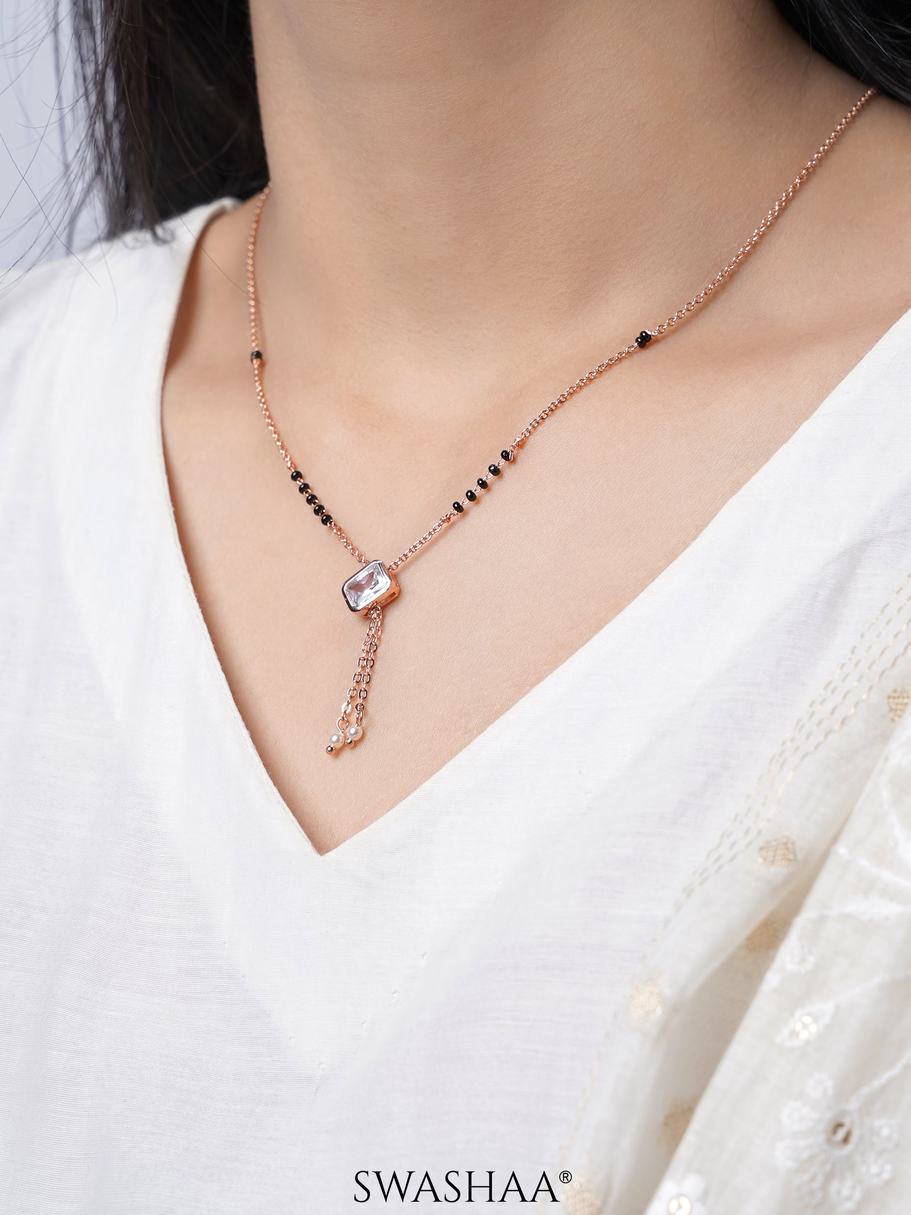 Anvi Tilted Solitaire Chain Drop Rosegold Plated Pendant Mangalsutra