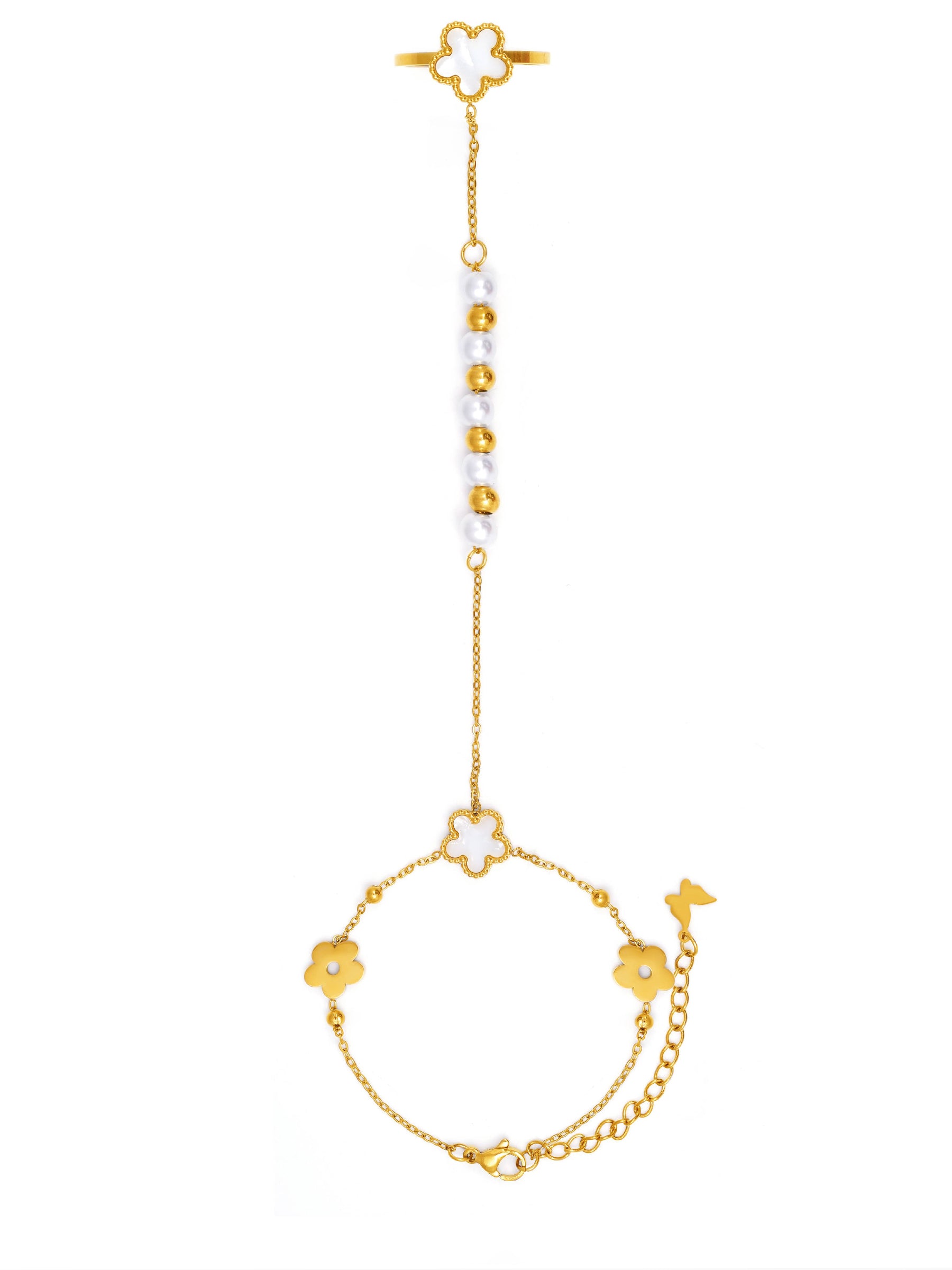 Anvika White Enamel Flower Charm Pearl Gold Beads 18K Gold Plated Ring Bracelet