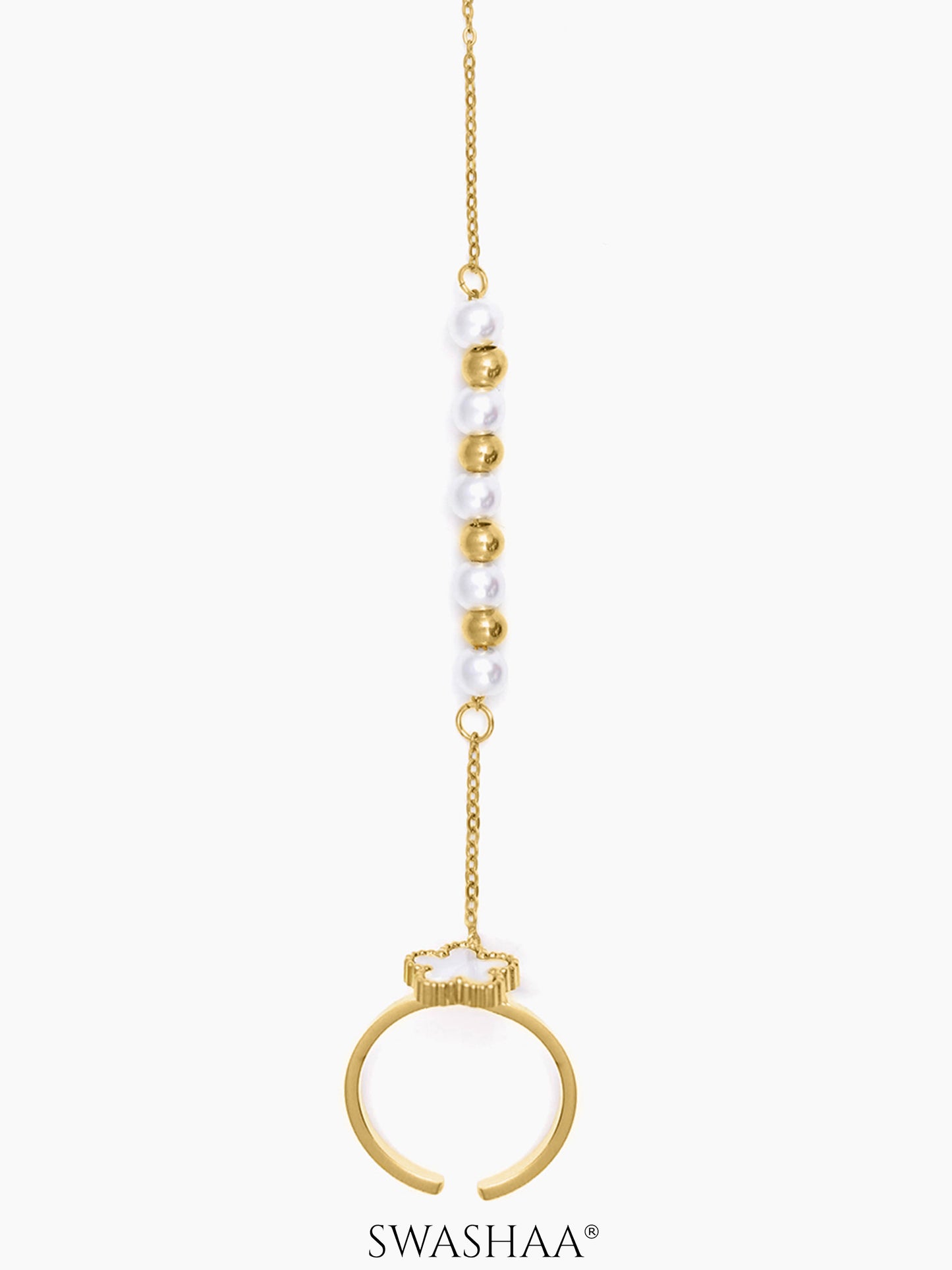 Anvika White Enamel Flower Charm Pearl Gold Beads 18K Gold Plated Ring Bracelet