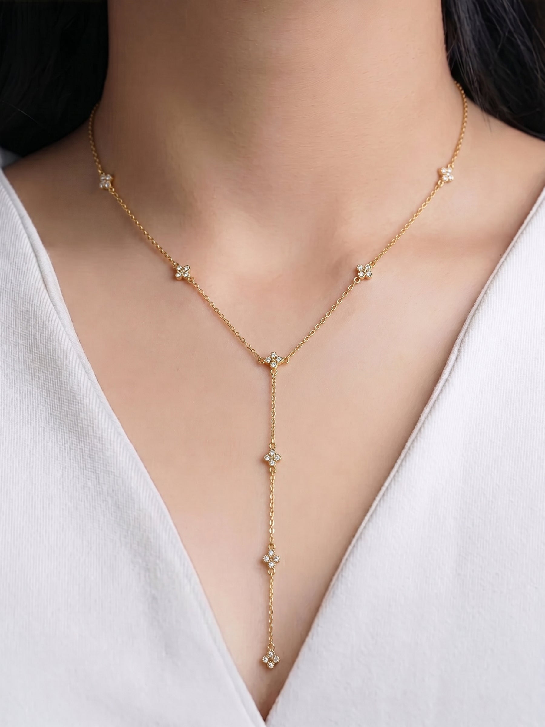 Arianaa Clover Diamond Solitaire Drop 18K Gold Plated Y Shaped Women's Chain Pendant Necklace