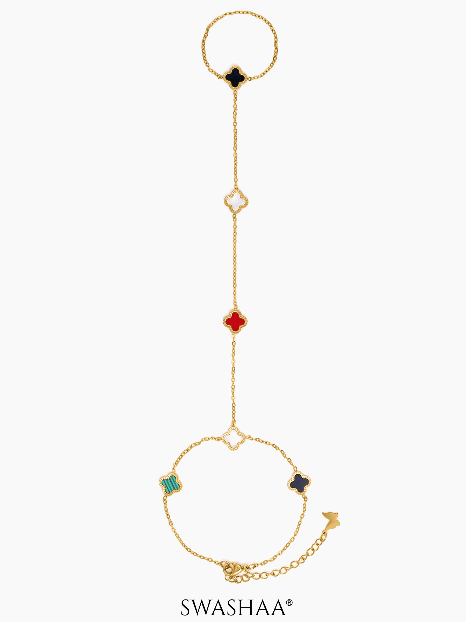 Ariya Dainty Green Black Red Clover 18K Gold Plated Ring Bracelet