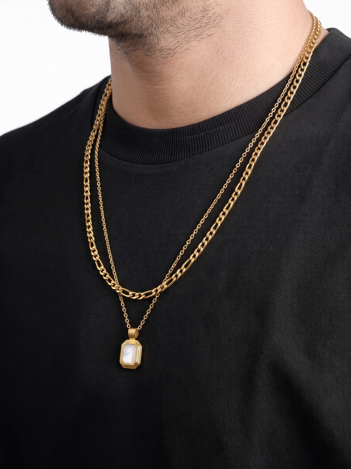 Arkon Square White Stone Charm Link Chain 18K Gold Plated Men's Layered Chain Pendant