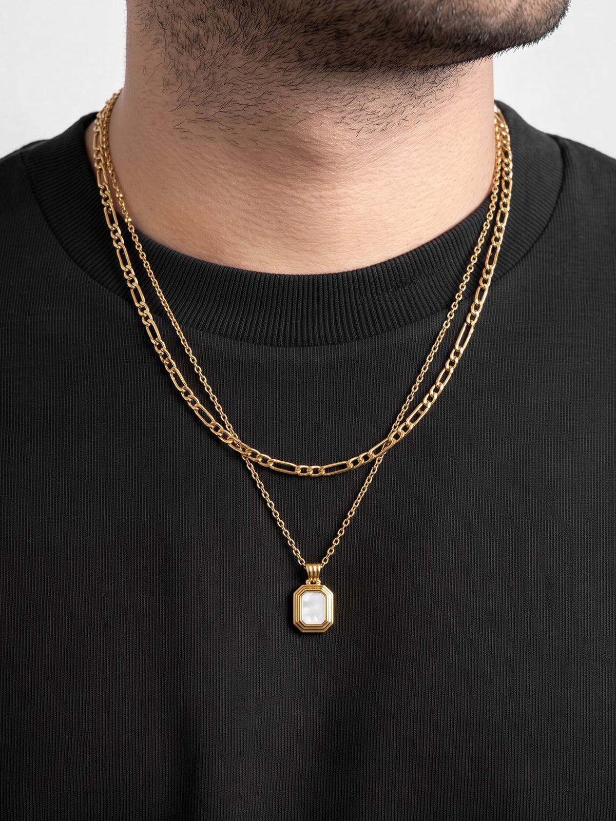 Arkon Square White Stone Charm Link Chain 18K Gold Plated Men's Layered Chain Pendant