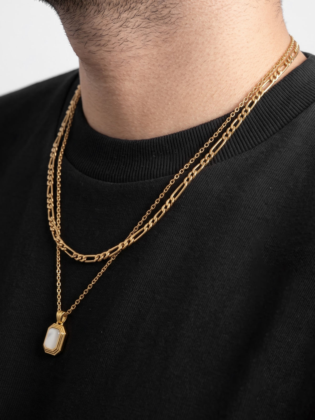 Arkon Square White Stone Charm Link Chain 18K Gold Plated Men's Layered Chain Pendant