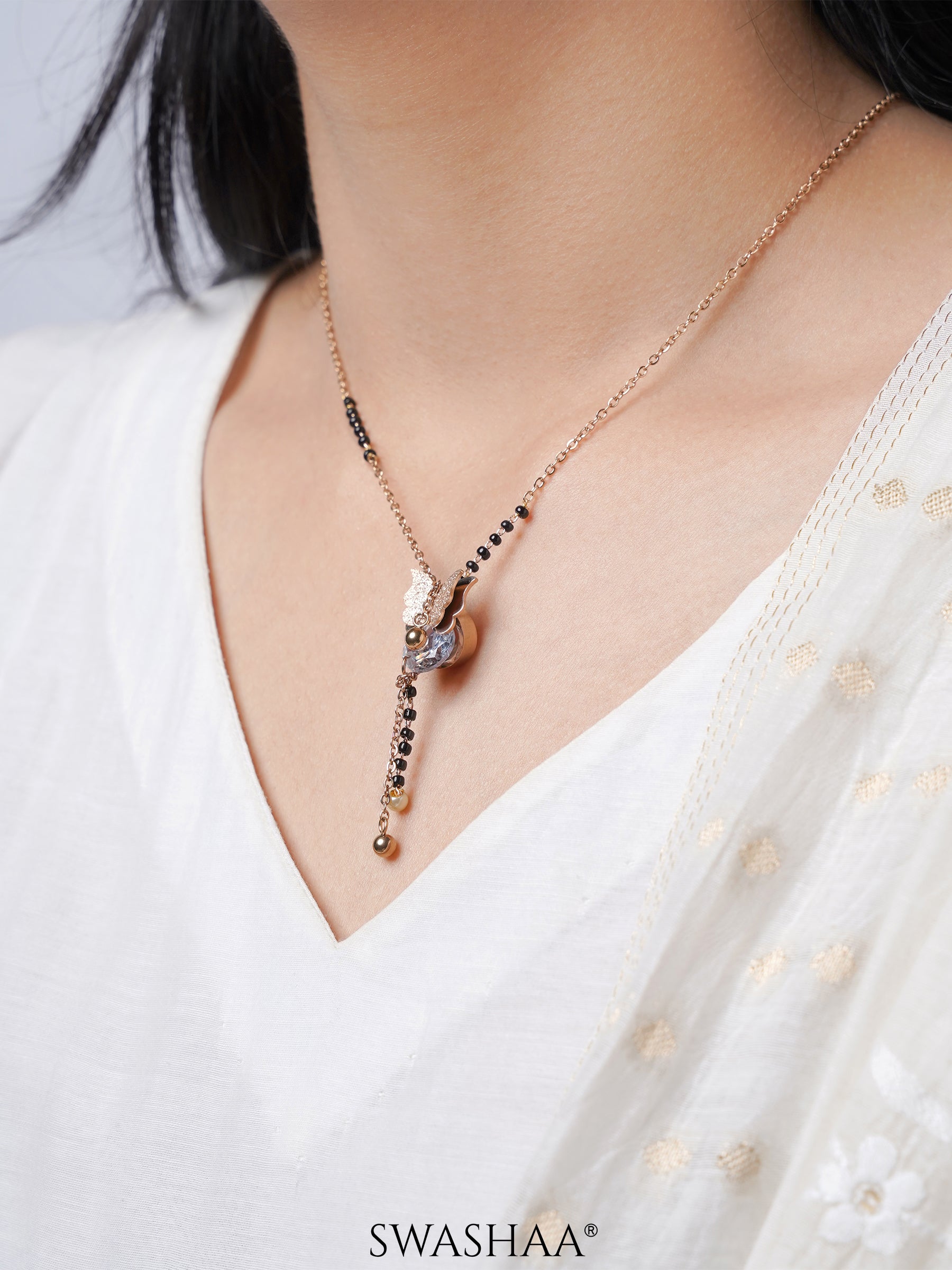 Armani Butterfly Charm Sleek Y Shape Rosegold Plated Pendant Mangalsutra