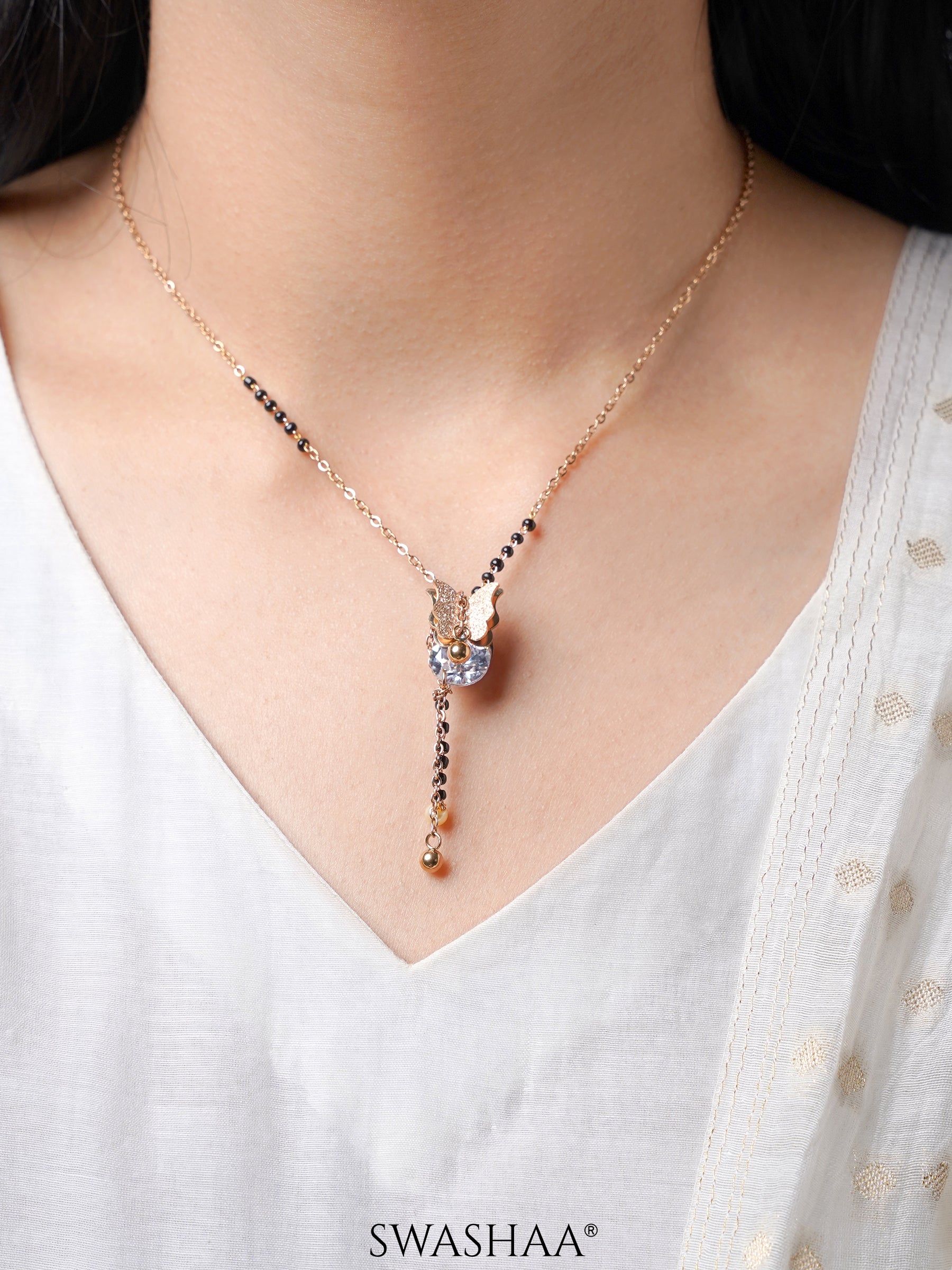 Armani Butterfly Charm Sleek Y Shape Rosegold Plated Pendant Mangalsutra