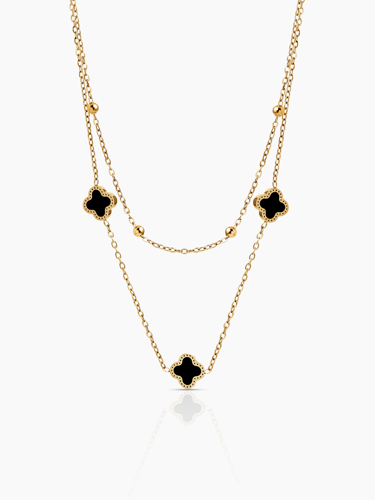 Aroha Black Enamel Clover Charms Layered 18K Gold Plated Necklace