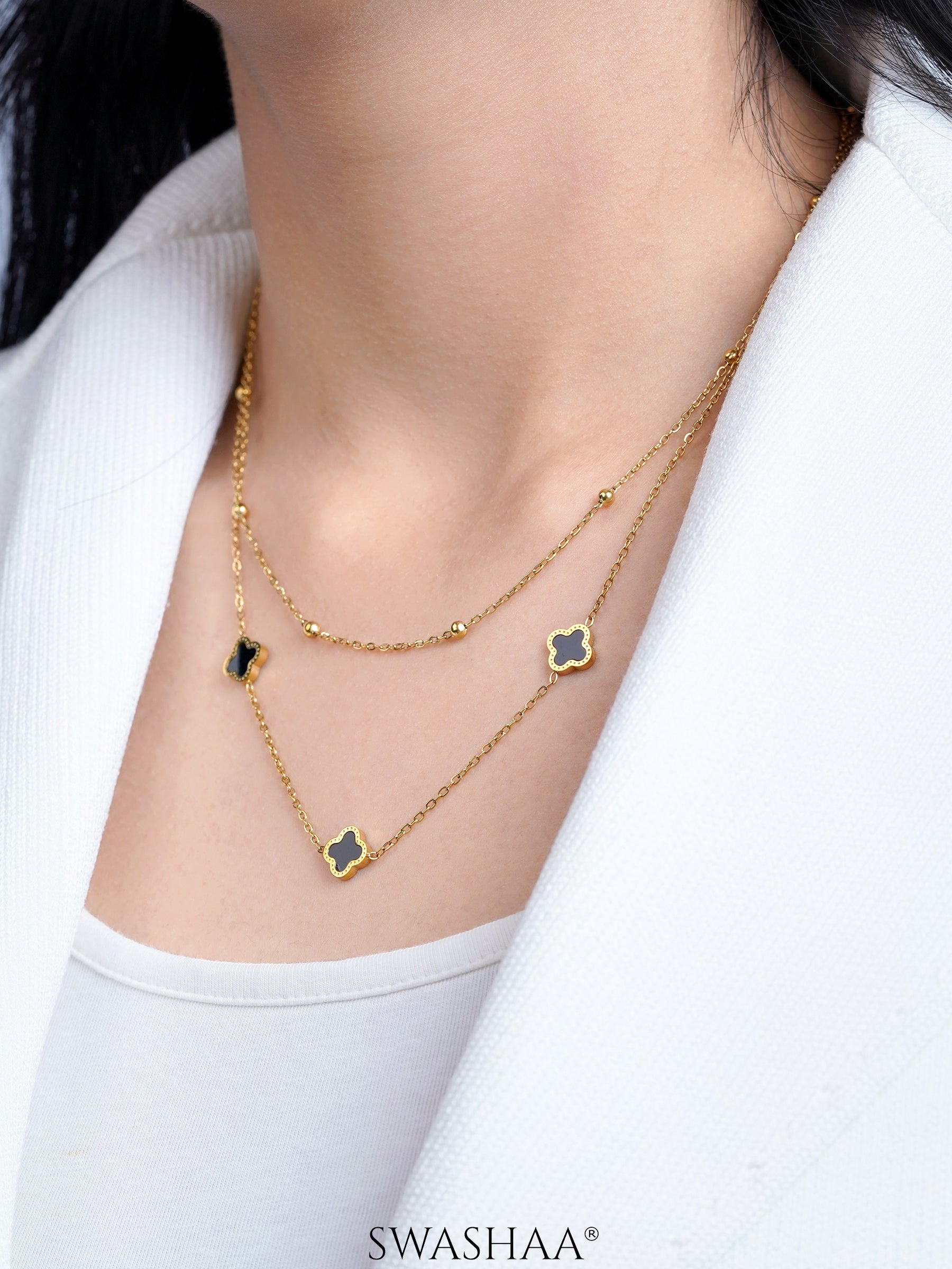 Aroha Black Enamel Clover Charms Layered 18K Gold Plated Necklace