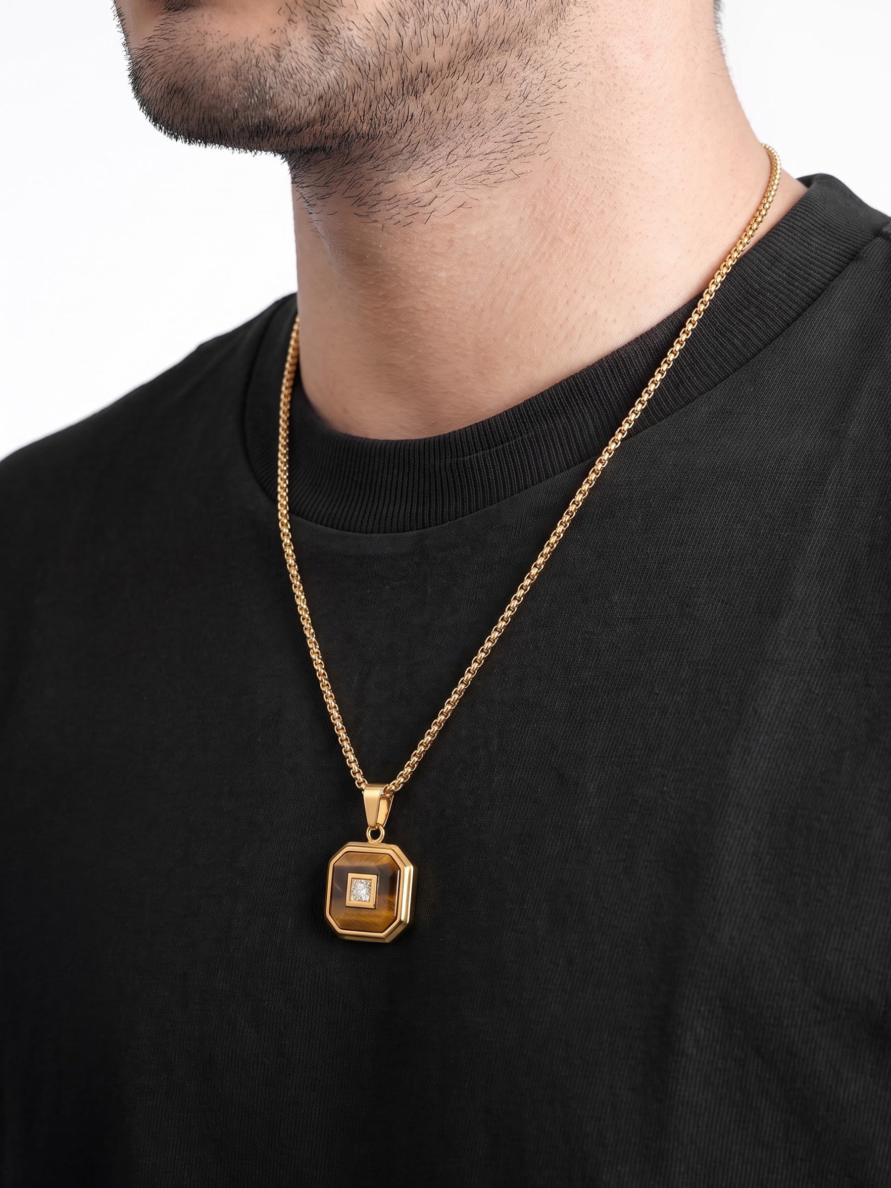Asher Diamond Square Frame 18K Gold Plated Men's Chain Pendant