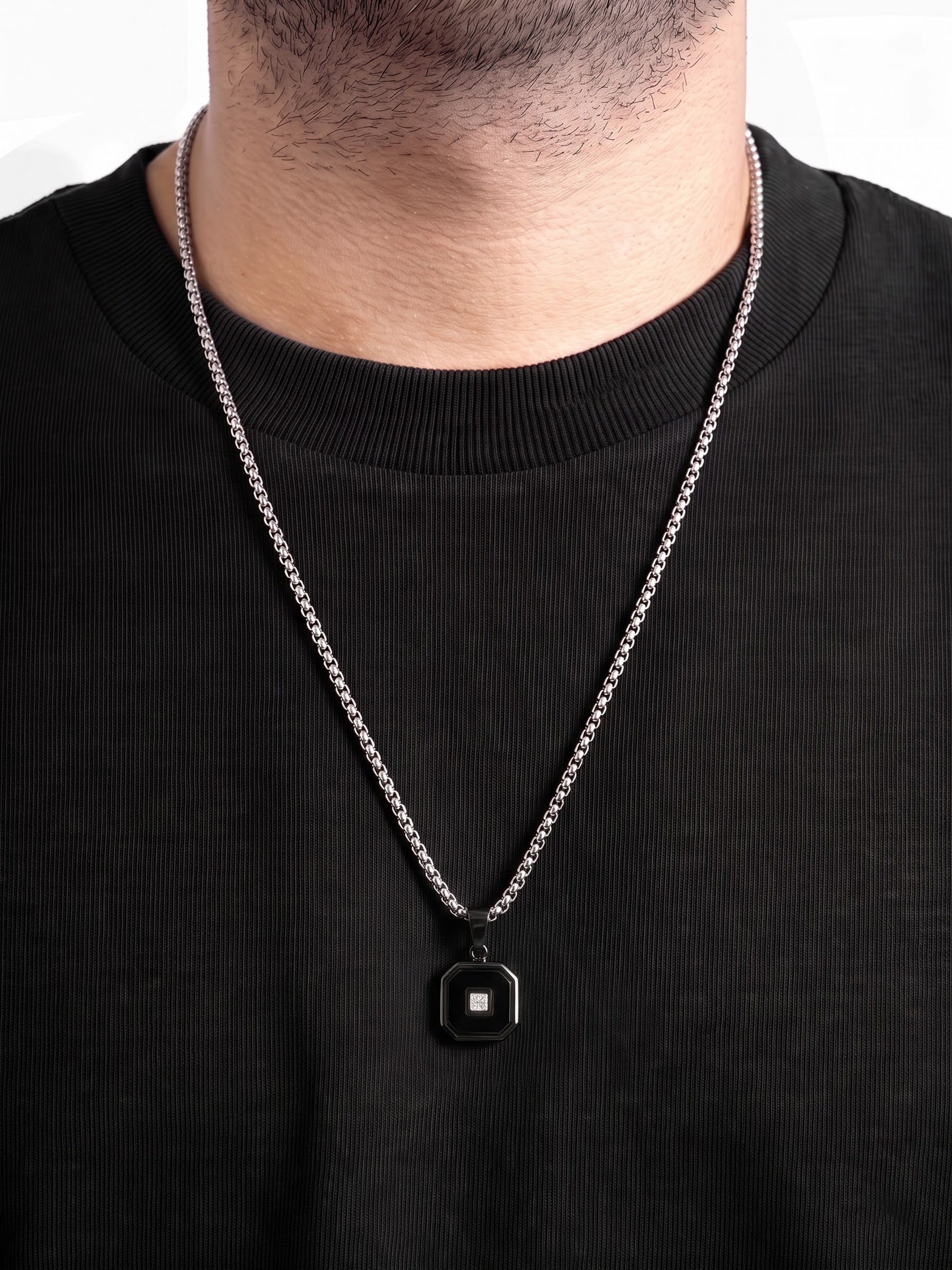 Asher Diamond Square Frame Silver - Black Men's Chain Pendant