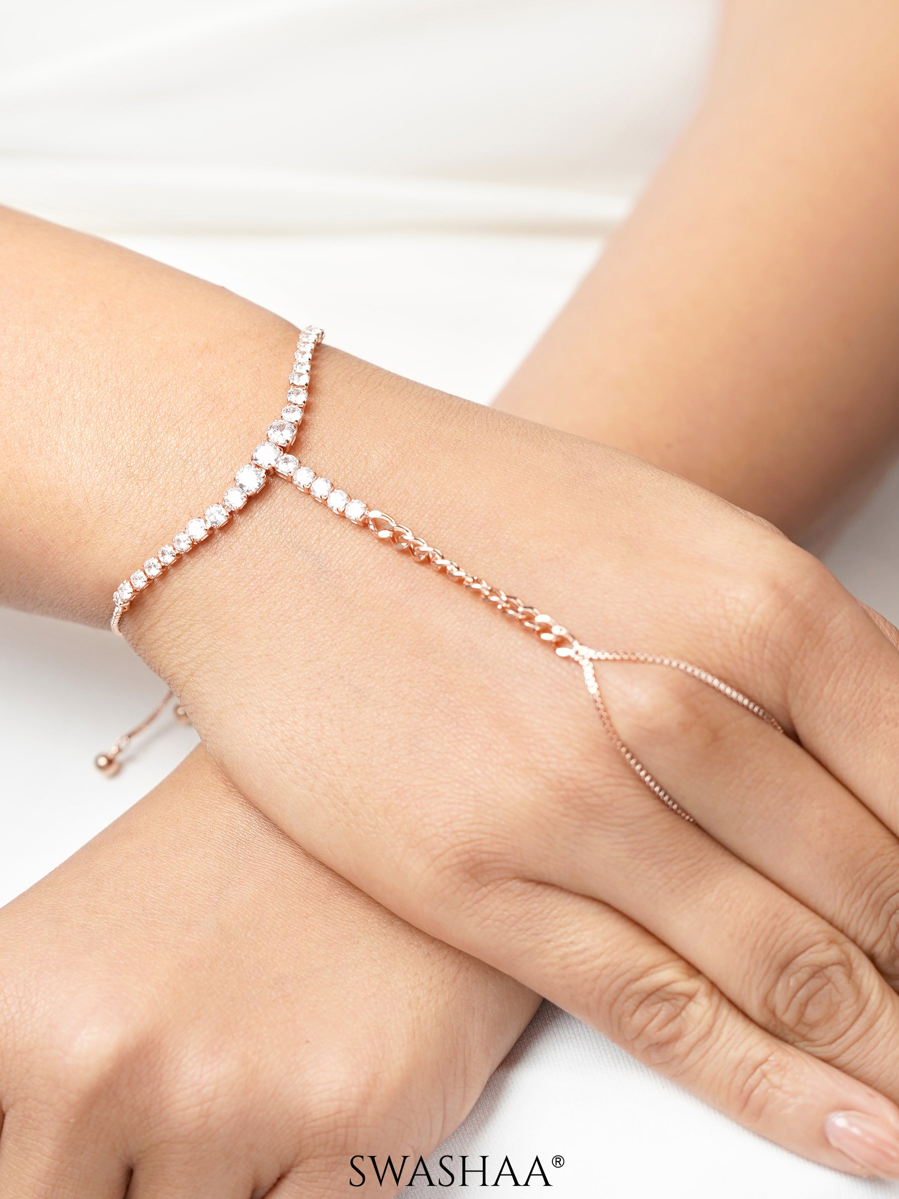 Ashna Dazzling Cubic Diamond Rosegold Plated Ring Bracelet