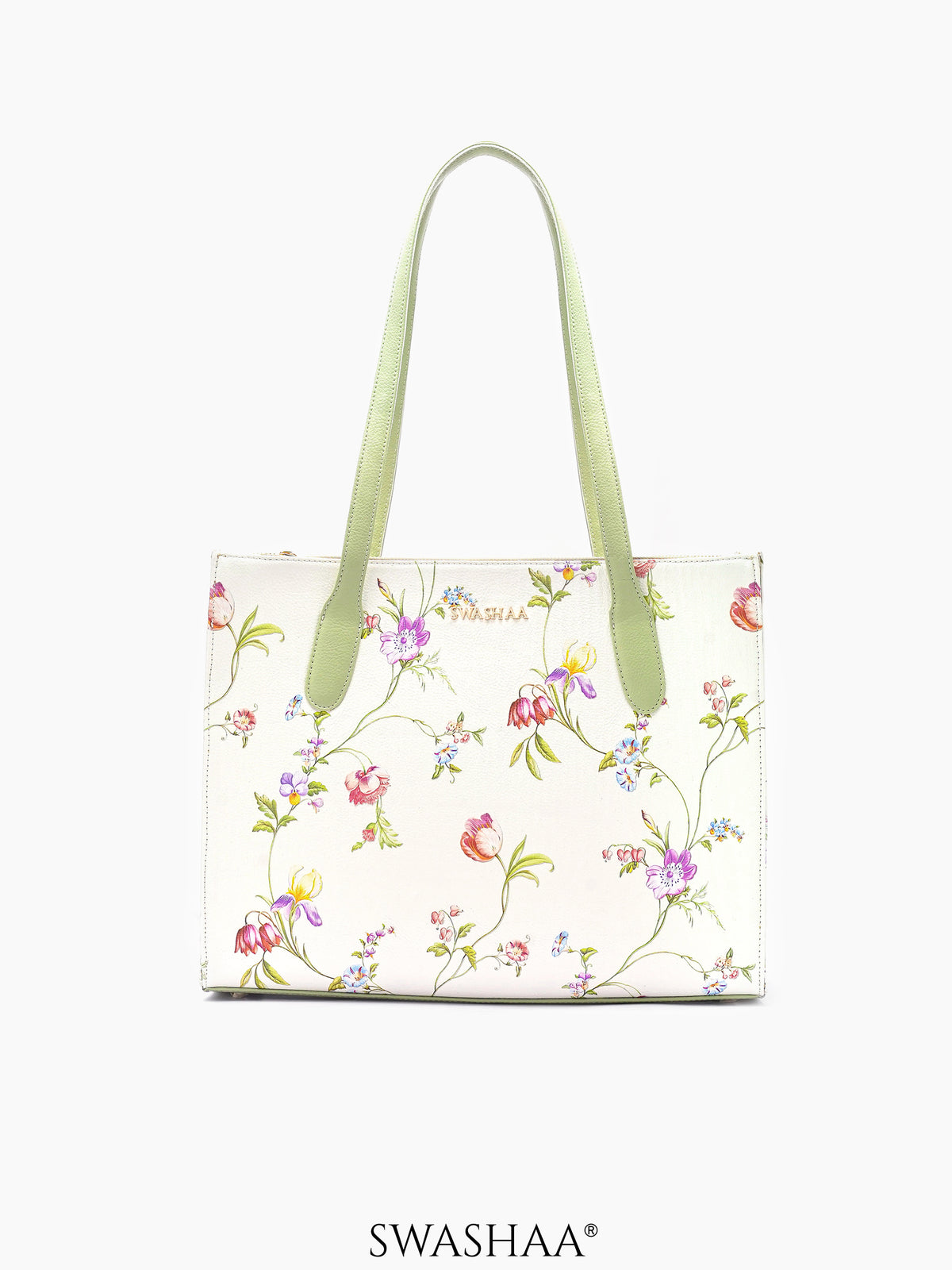 Ashno Floral White Leather Tote Bag