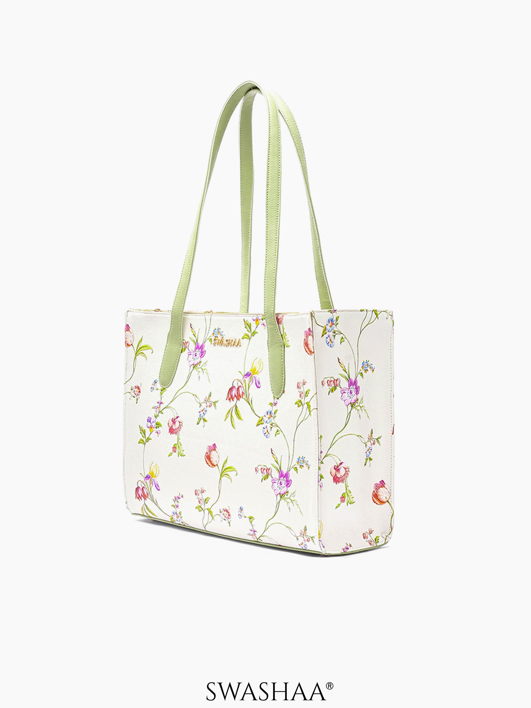 Ashno Floral White Women's Leather Tote Bag