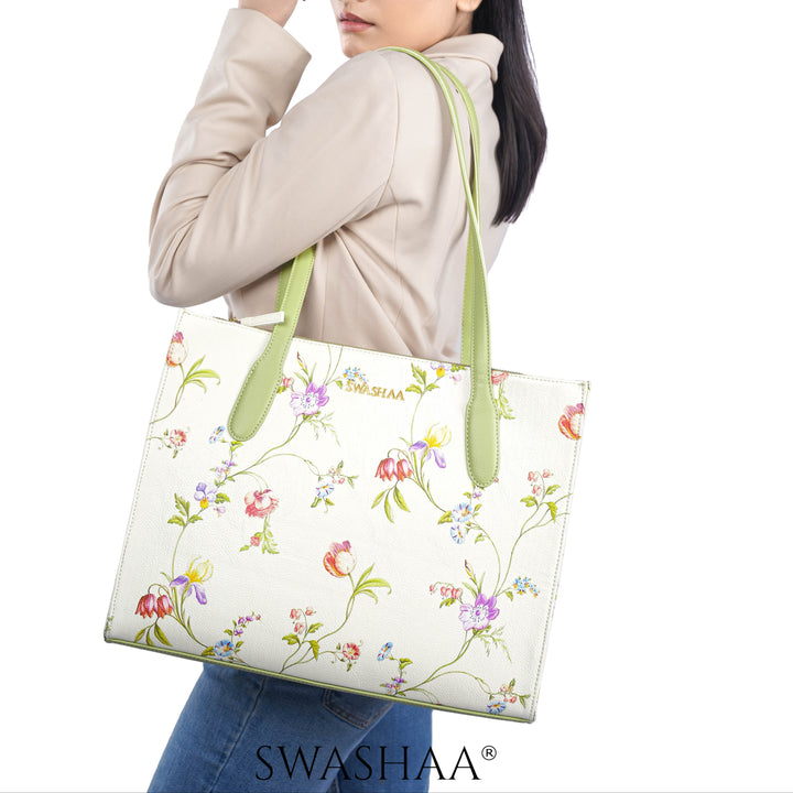 Ashno Floral White Leather Tote Bag