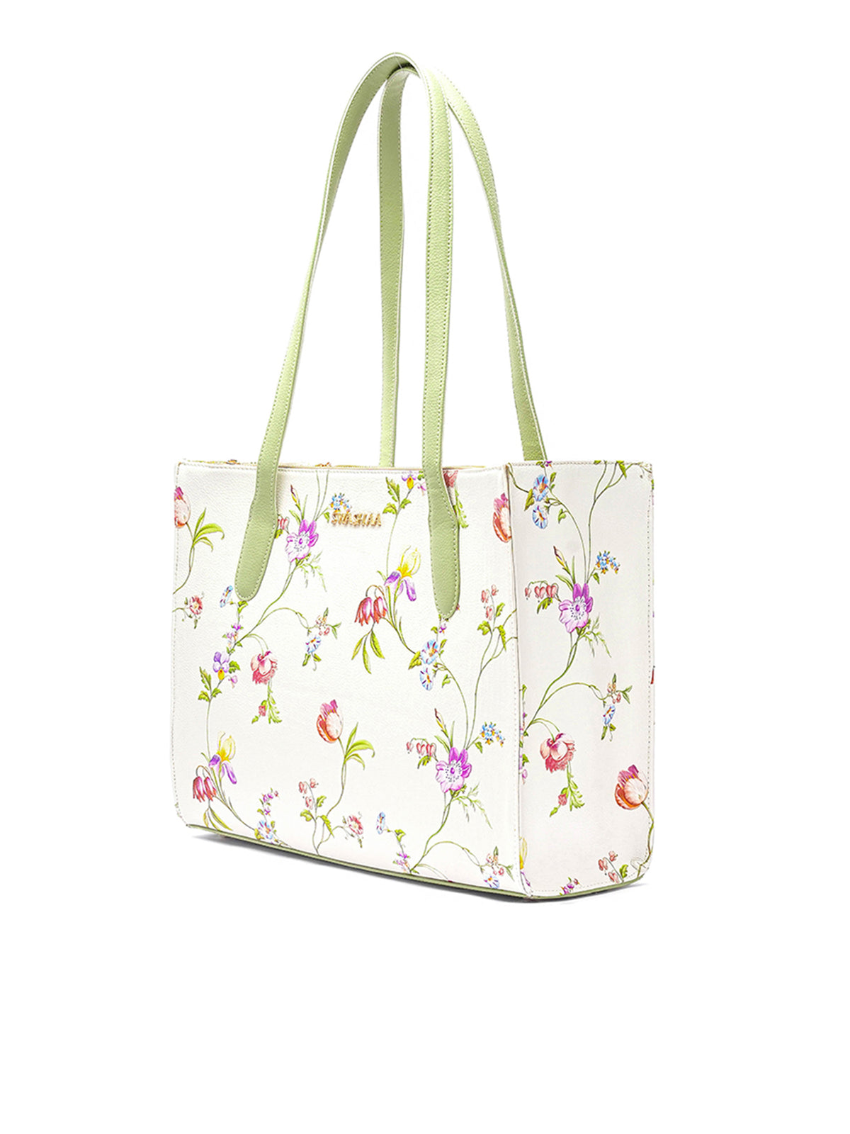 Ashno Floral White Leather Tote Bag - Swashaa