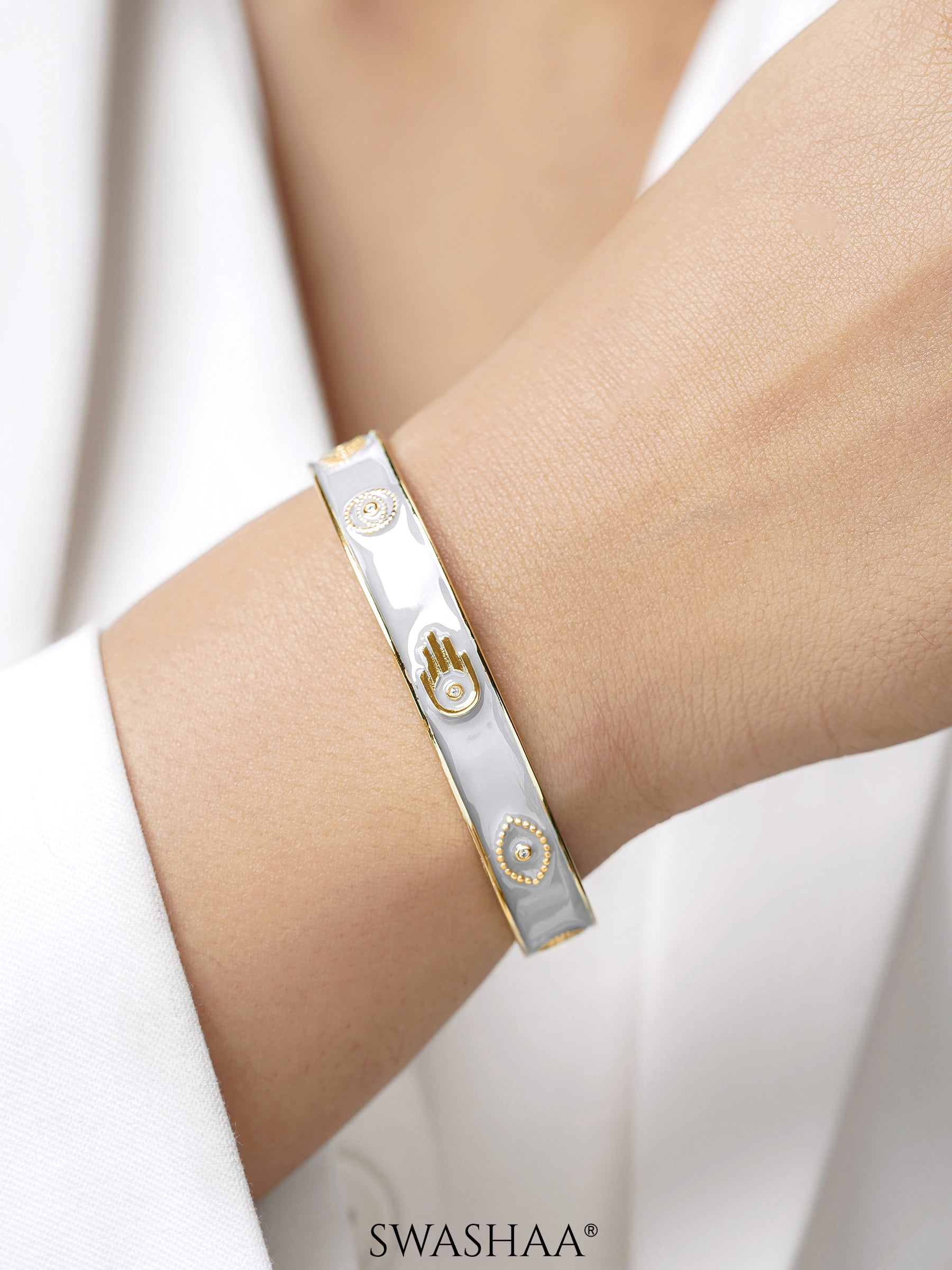 Aston Hamsa Evil Eye Motifs White 18K Gold Plated Cuff Bracelet