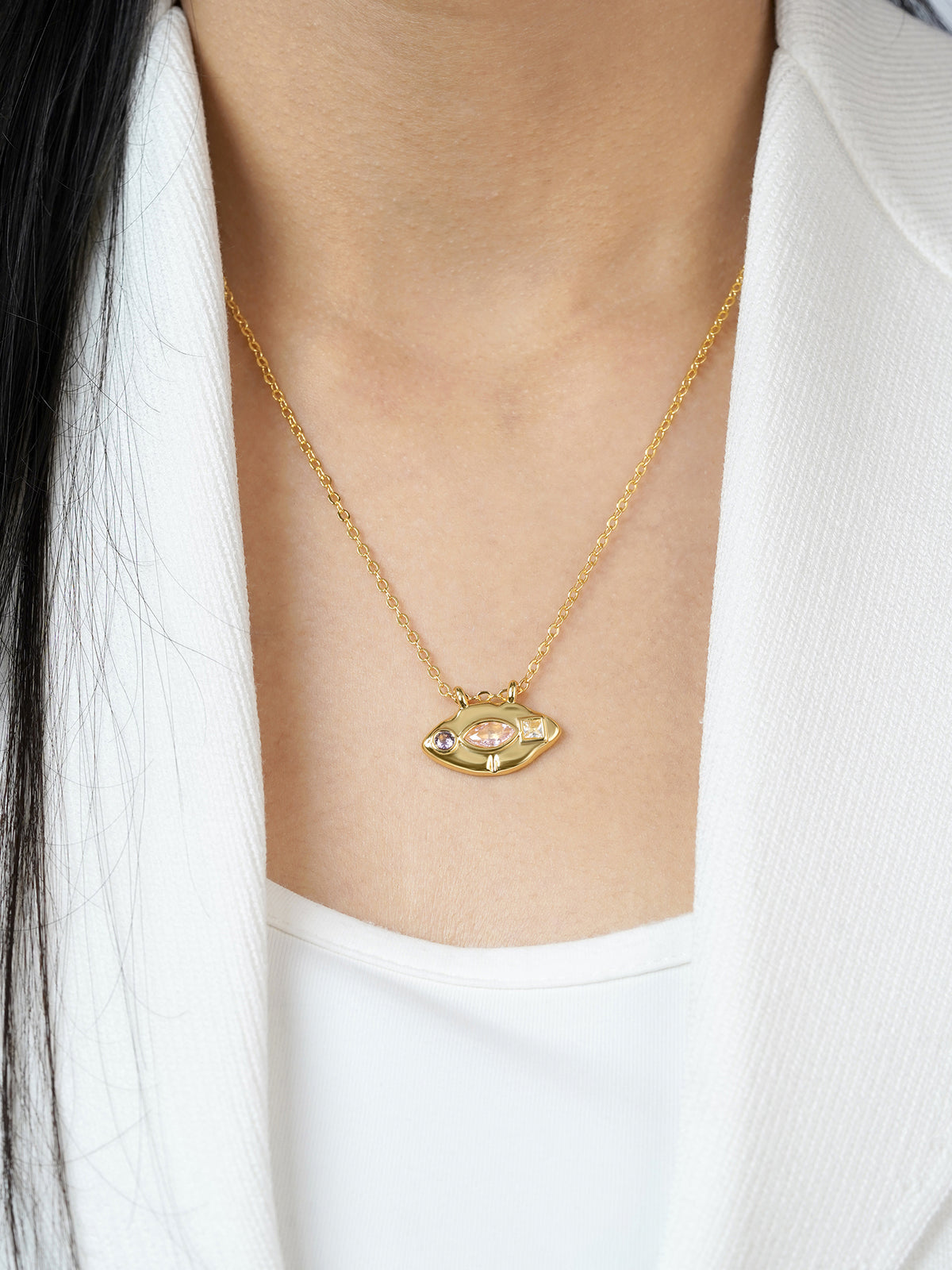 Astra Eye Pink Purple Stones Charm 18K Gold Plated Chain Pendant Necklace