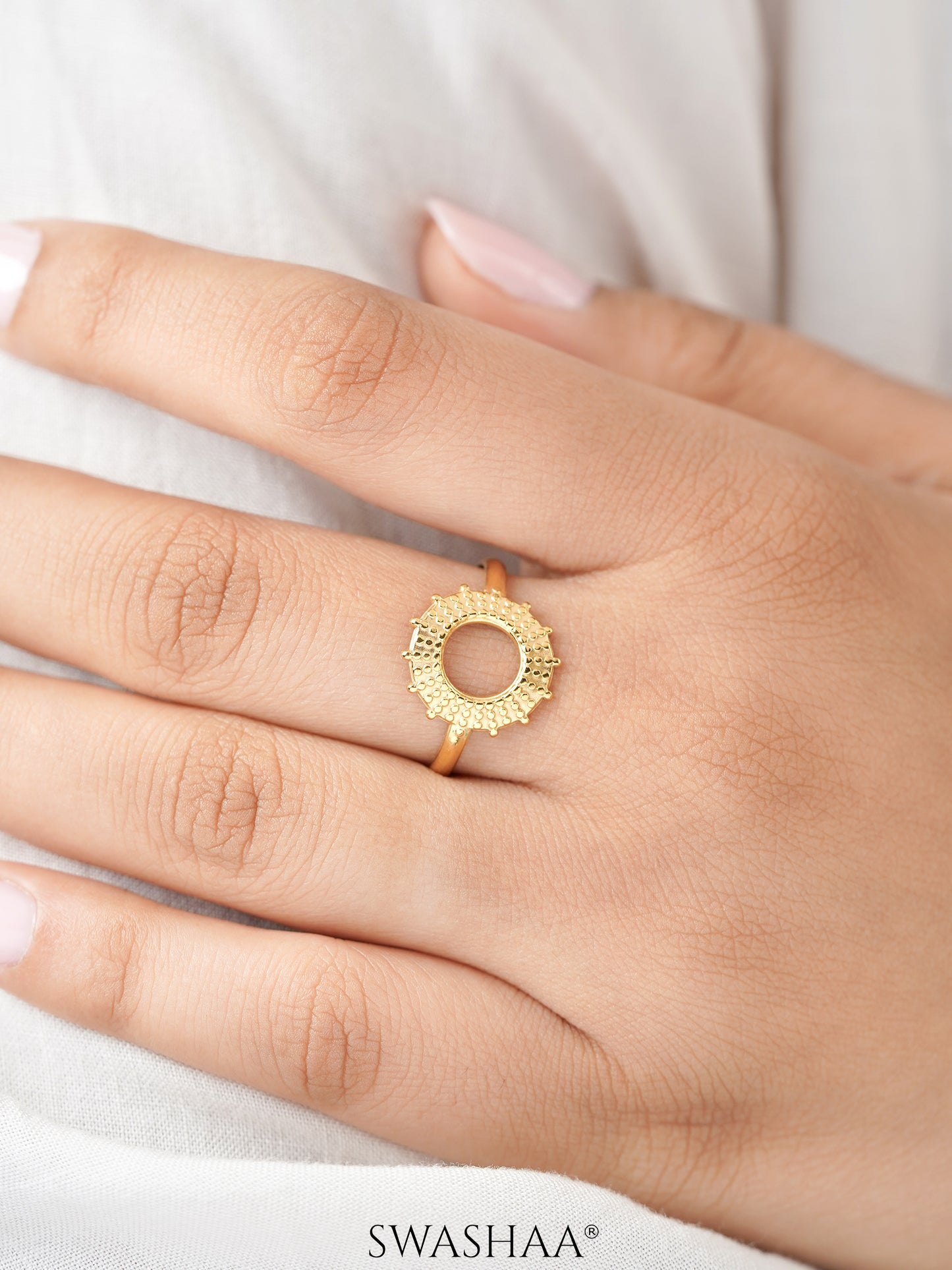 Astrid Textured Circular Sunburst Frame 18K Gold Plated Ring